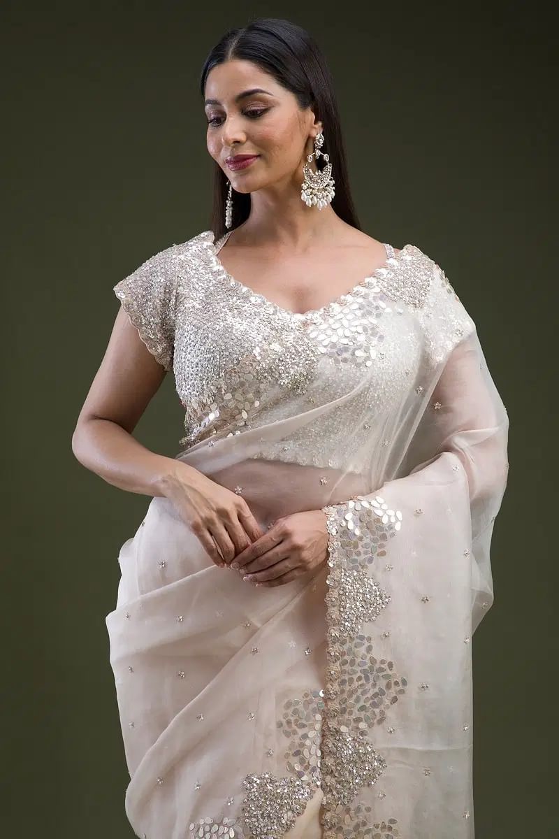 Cream Sequinned Bead Embroidered Organza Saree (2-Piece) - Image 2