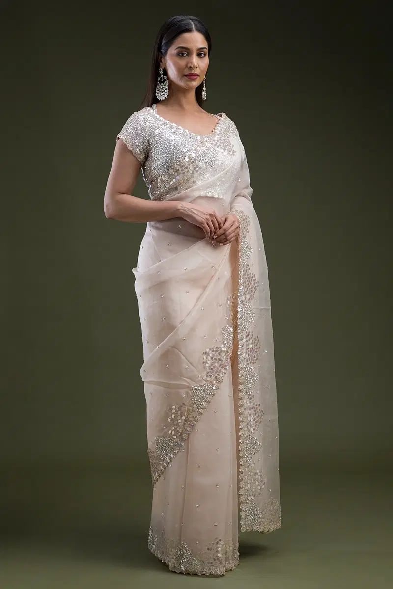Cream Sequinned Bead Embroidered Organza Saree (2-Piece) - Image 3