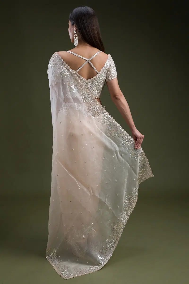 Cream Sequinned Bead Embroidered Organza Saree (2-Piece) - Image 5