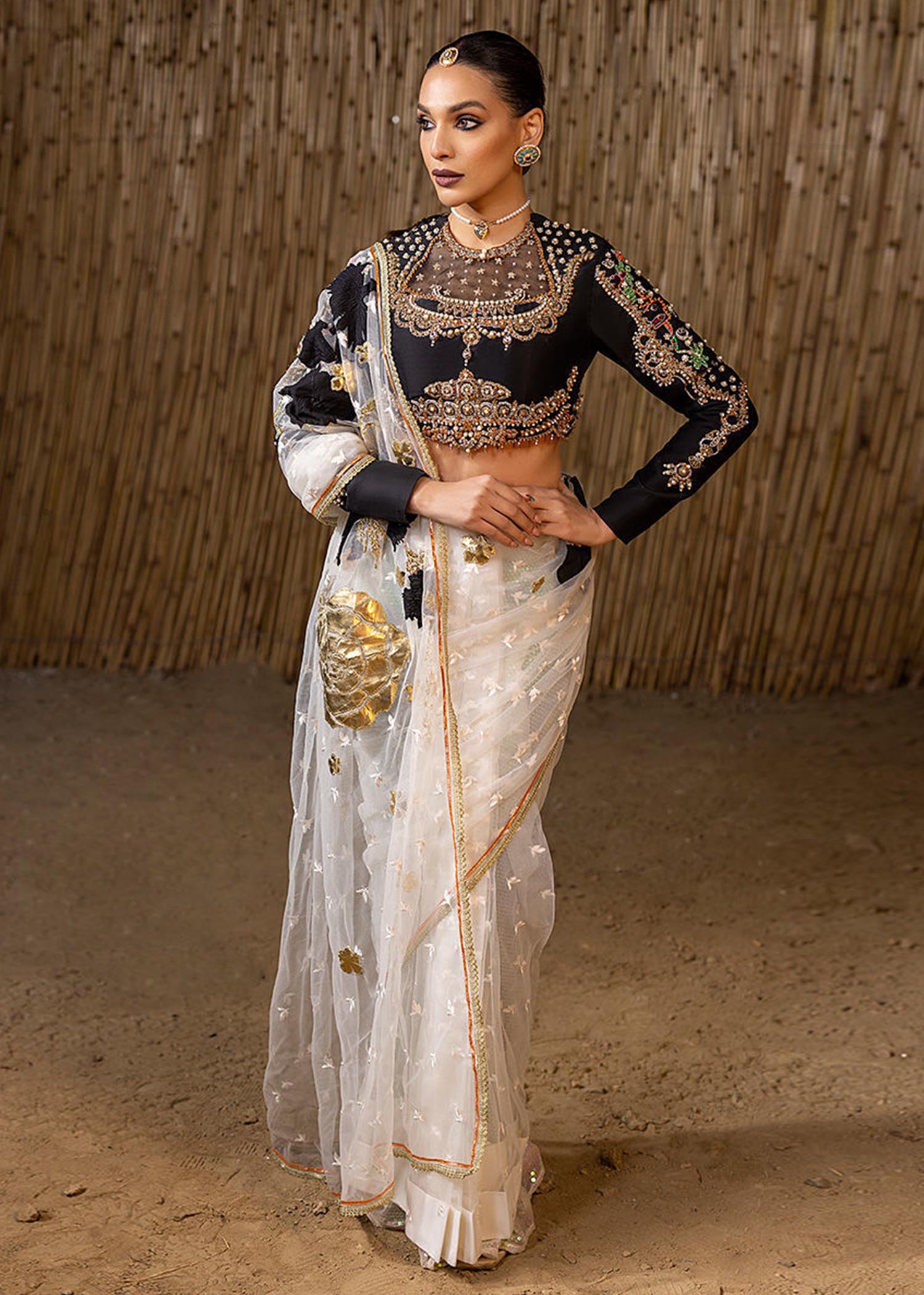 Cream and Black Adda Work Net Saree (2-Piece) - Image 1