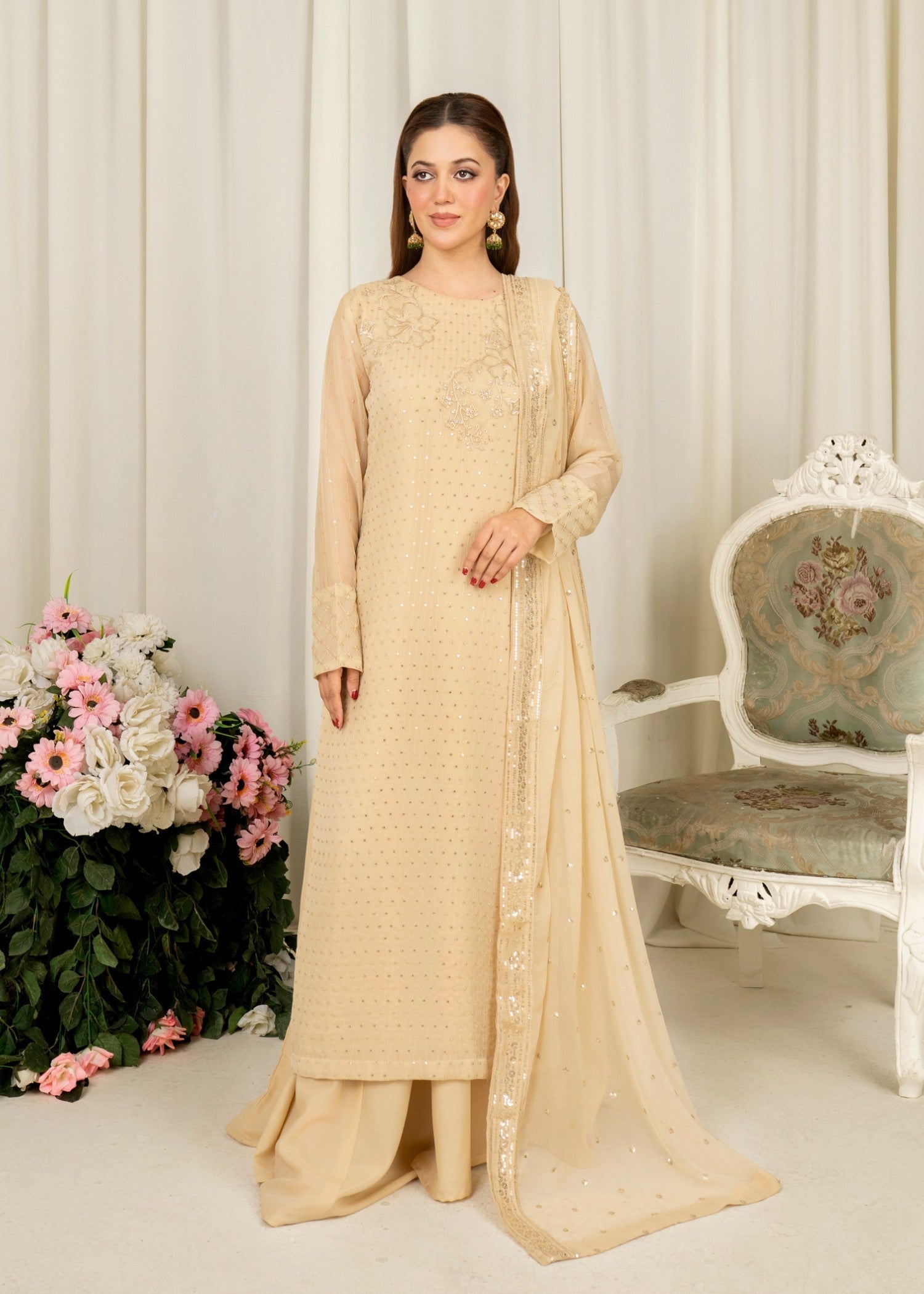 Pakistani Cream Embroidered Chiffon Sharara Set (3-Piece) - Image 1