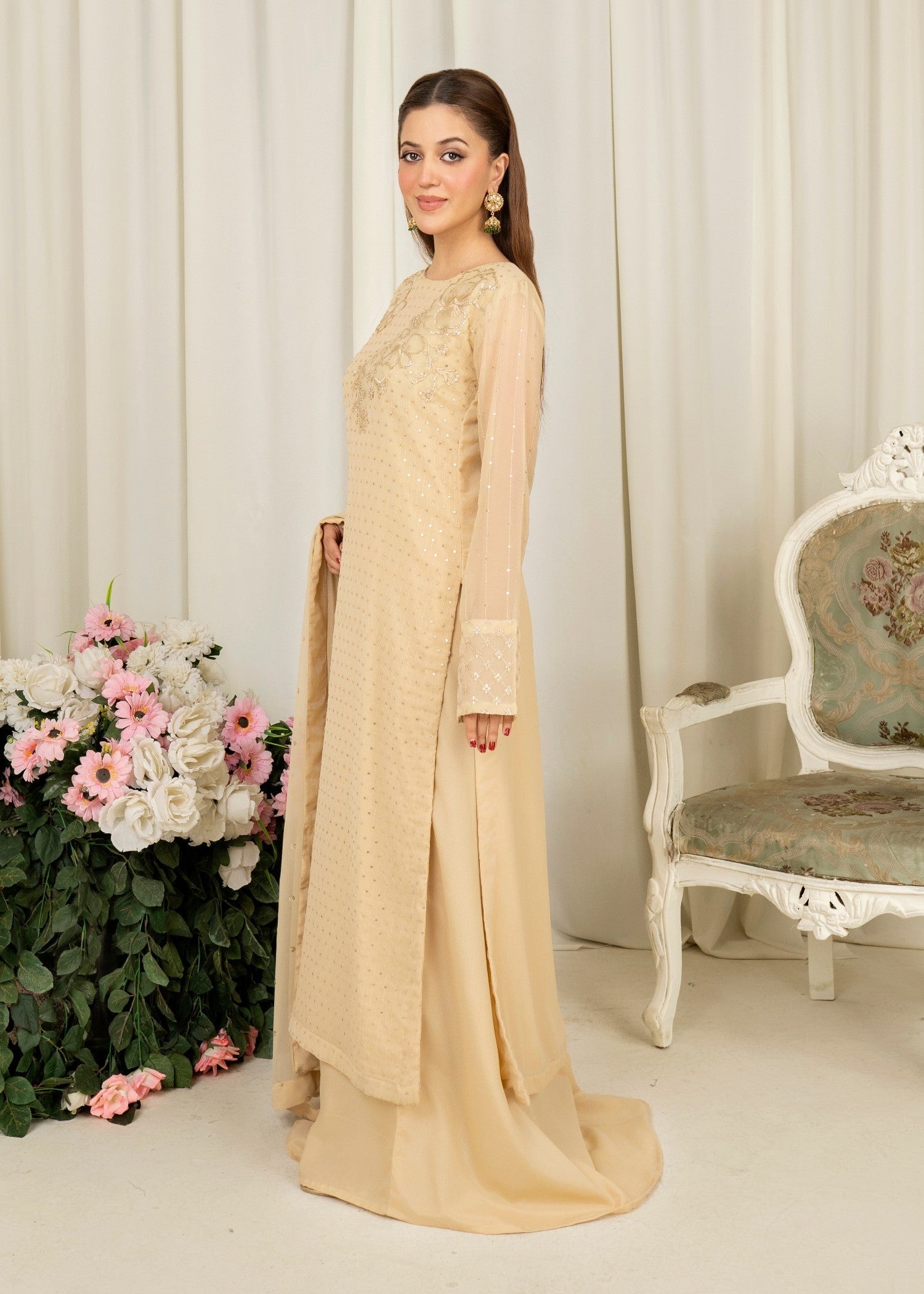 Pakistani Cream Embroidered Chiffon Sharara Set (3-Piece) - Image 2