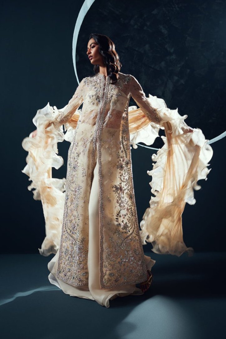 Dawn Cream Embellished Organza Sharara (3-Piece) - Image 1