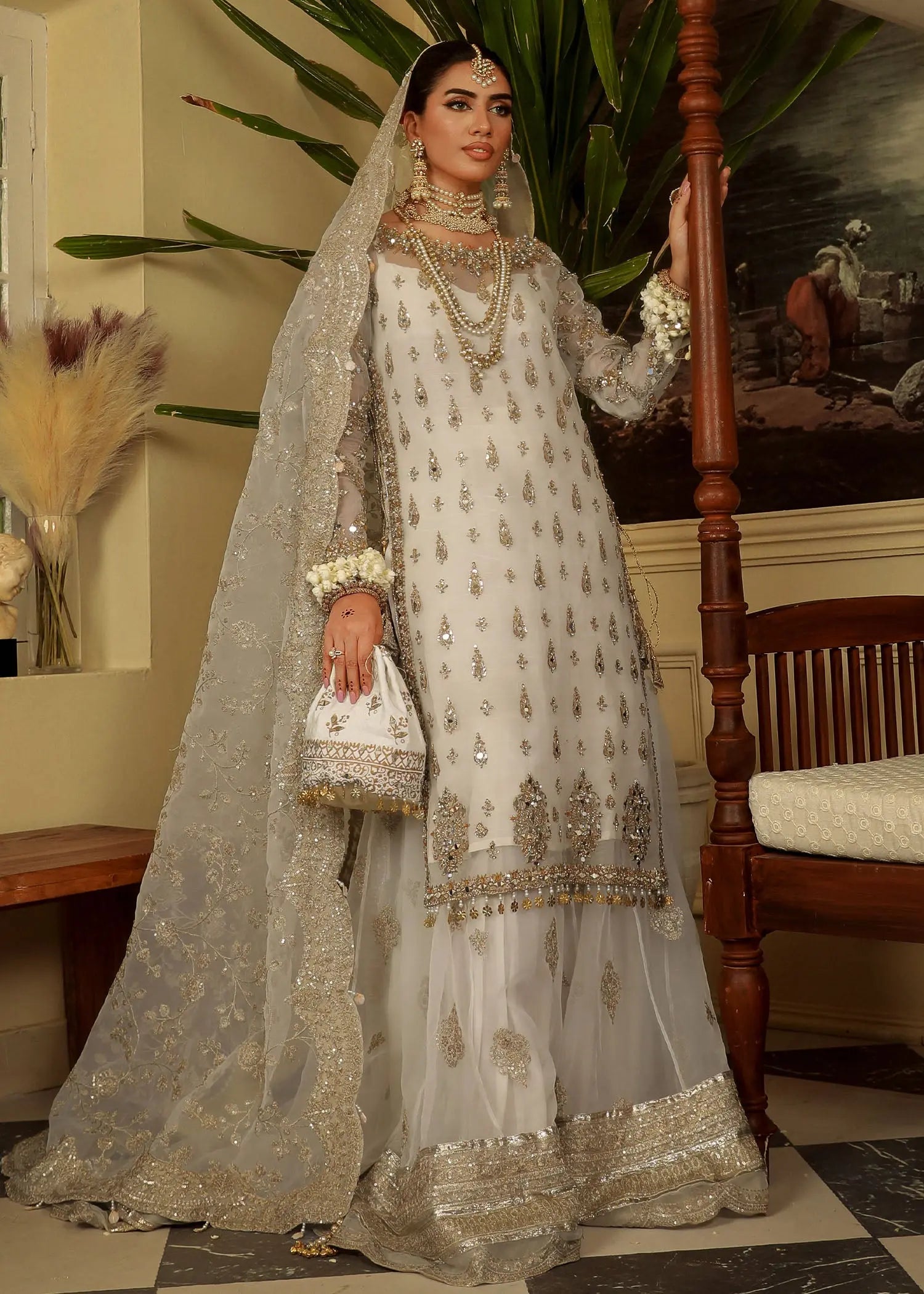 Cream Zardozi Embroidered Organza Farshi Sharara (3-Piece) - Image 12
