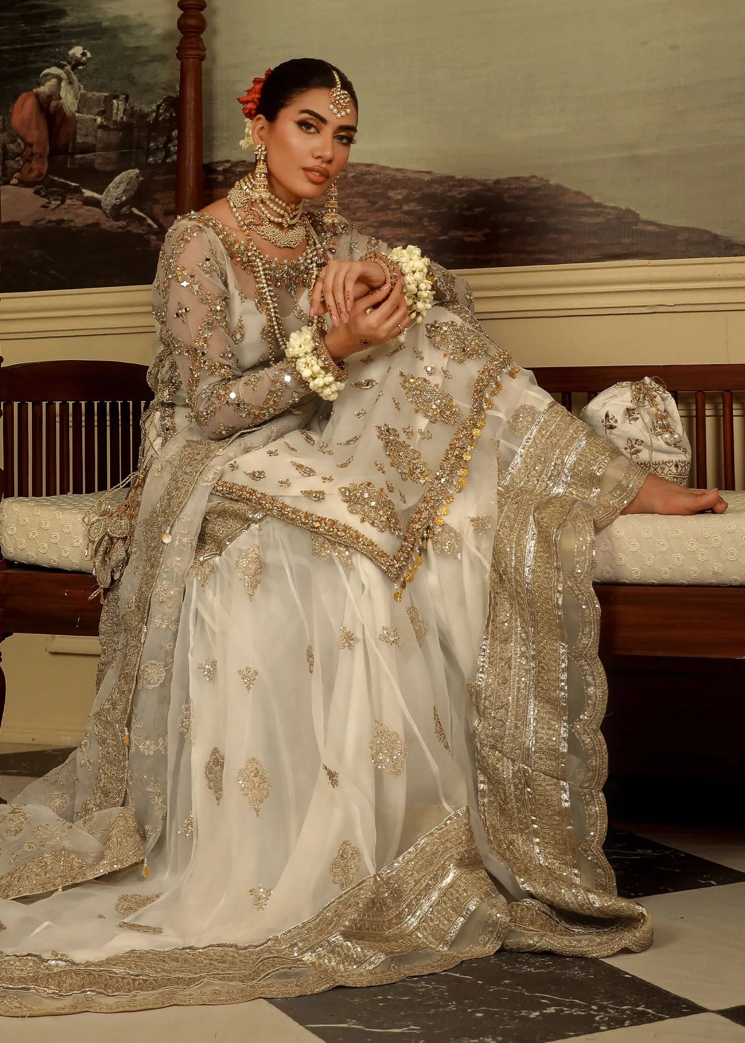 Cream Zardozi Embroidered Organza Farshi Sharara (3-Piece) - Image 4
