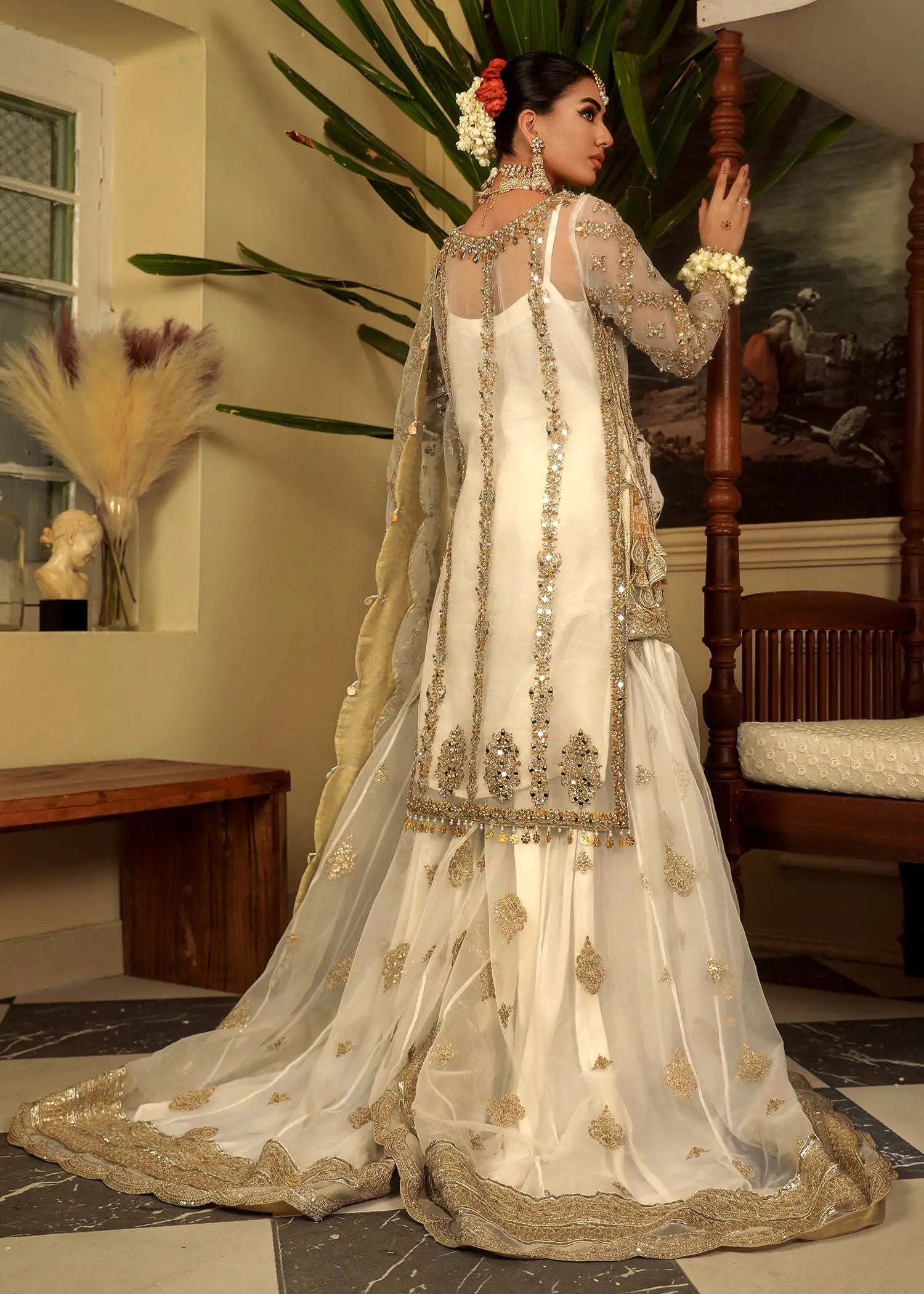Cream Zardozi Embroidered Organza Farshi Sharara (3-Piece) - Image 6