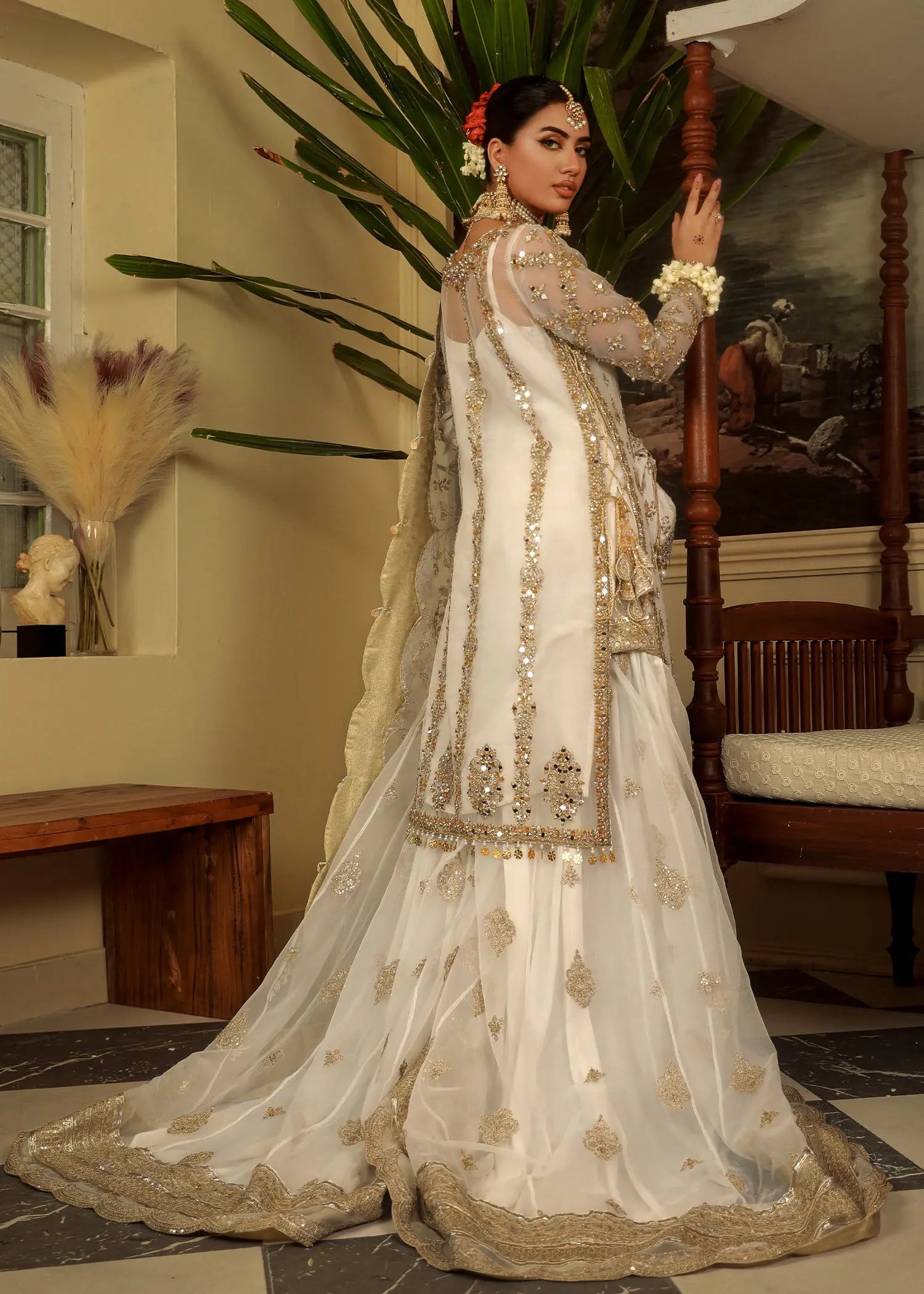 Cream Zardozi Embroidered Organza Farshi Sharara (3-Piece) - Image 7
