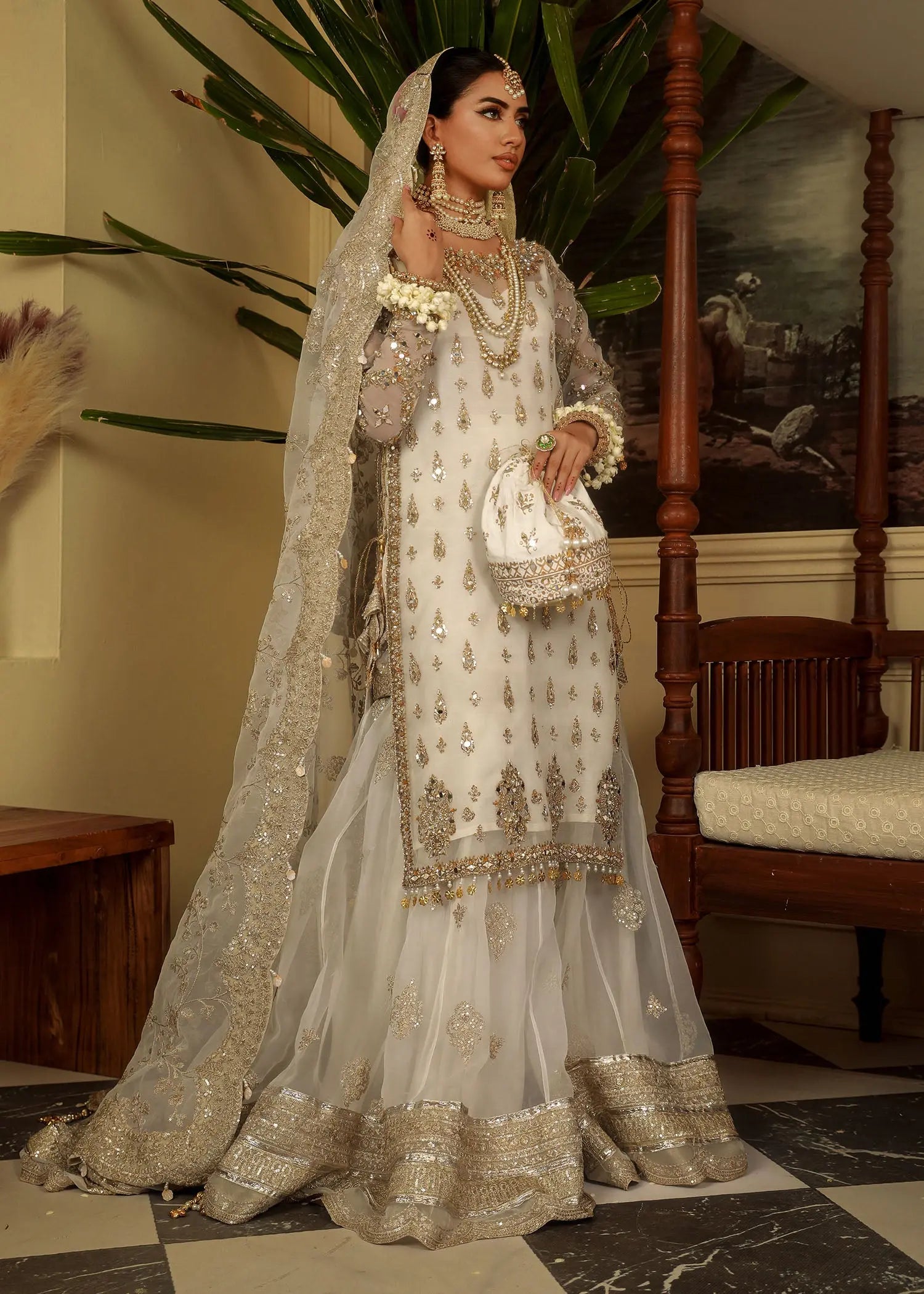 Cream Zardozi Embroidered Organza Farshi Sharara (3-Piece) - Image 8