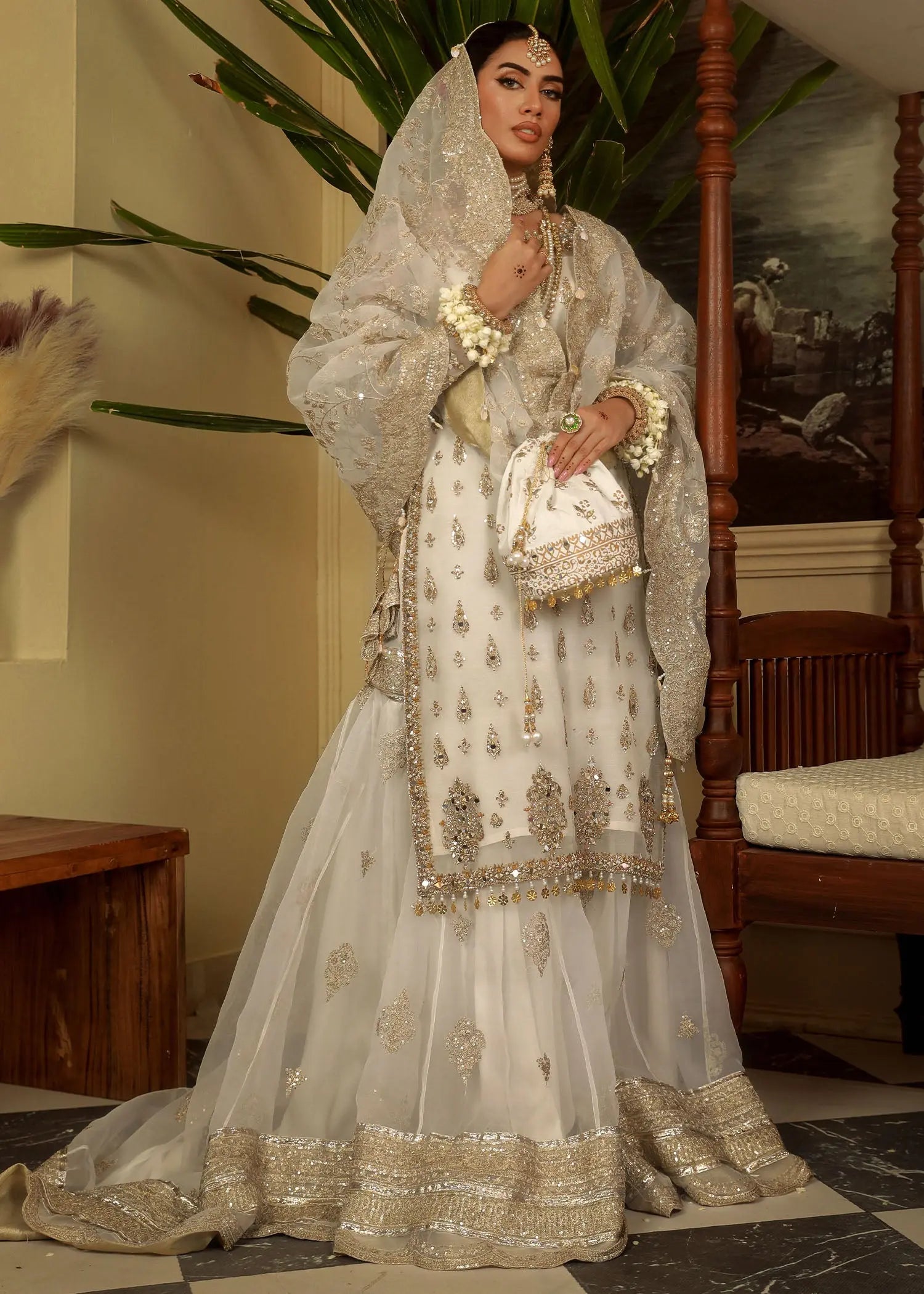 Cream Zardozi Embroidered Organza Farshi Sharara (3-Piece) - Image 9