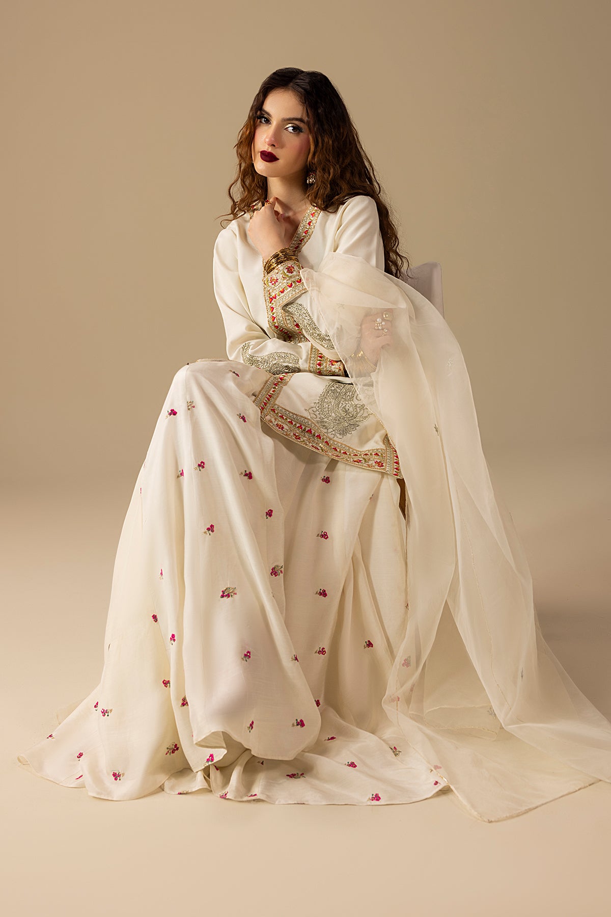 Cream Embroidered Raw Silk Sharara Set (3-Piece) - Image 3