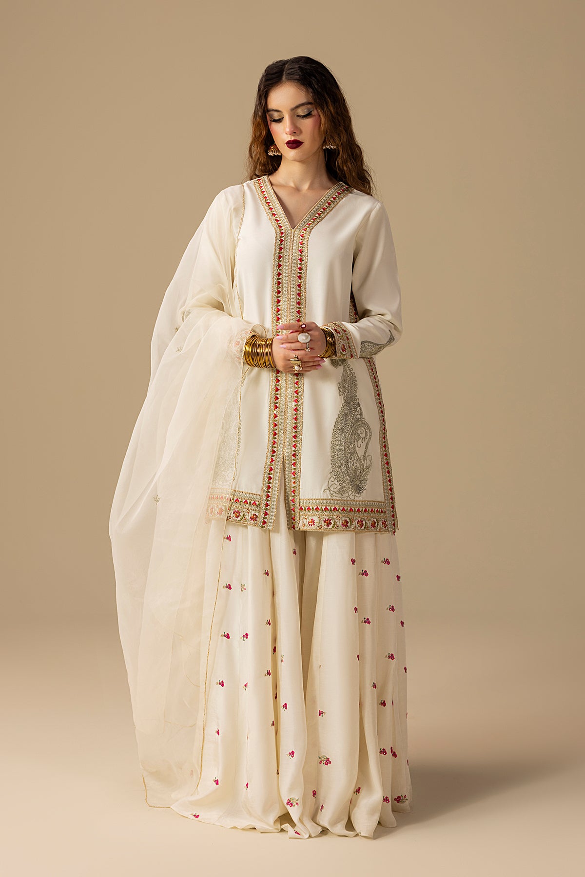 Cream Embroidered Raw Silk Sharara Set (3-Piece) - Image 5