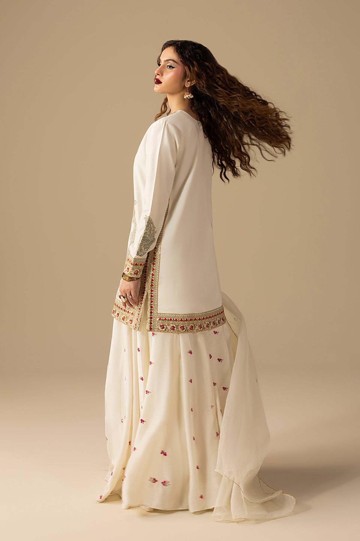 Cream Embroidered Raw Silk Sharara Set (3-Piece) - Image 8