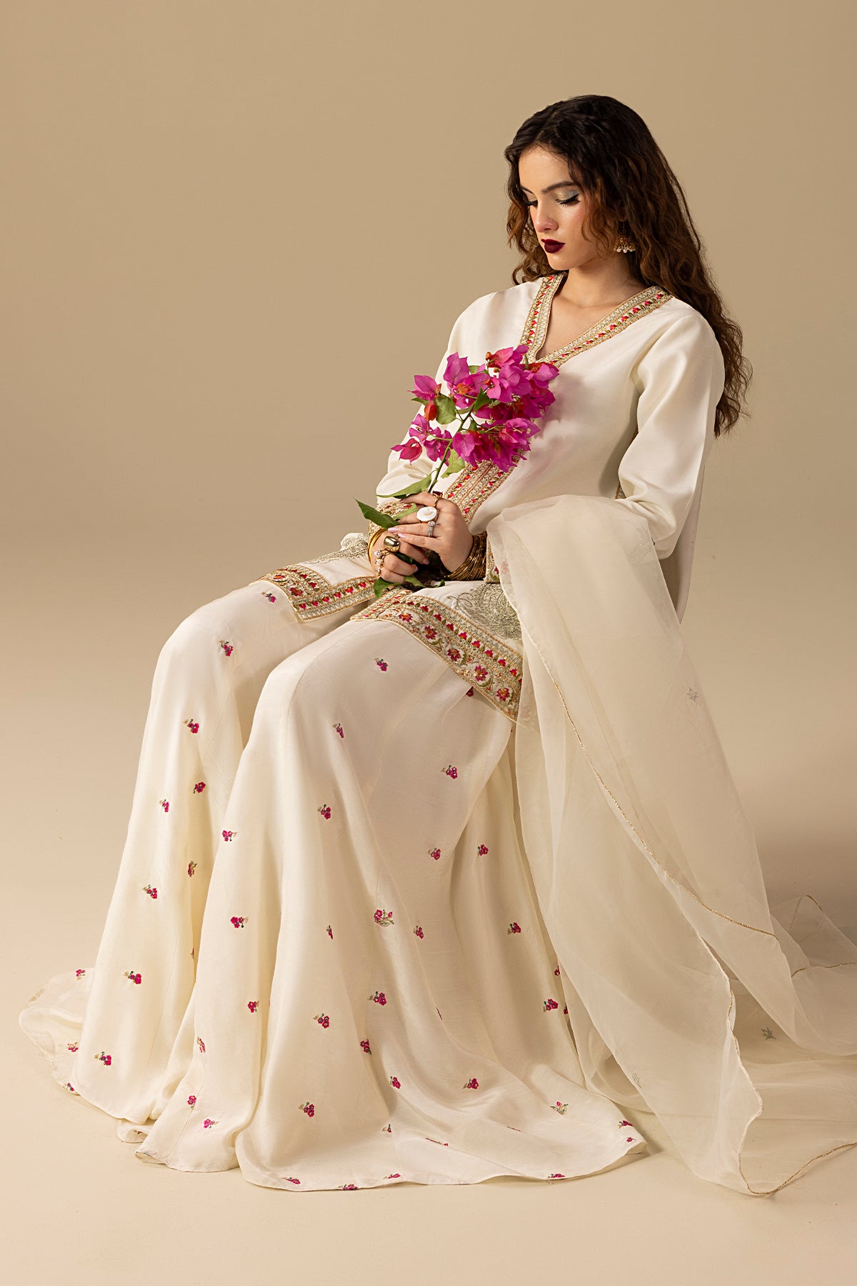 Pakistani Cream Embroidered Raw Silk Sharara Set (3-Piece) - Image 1