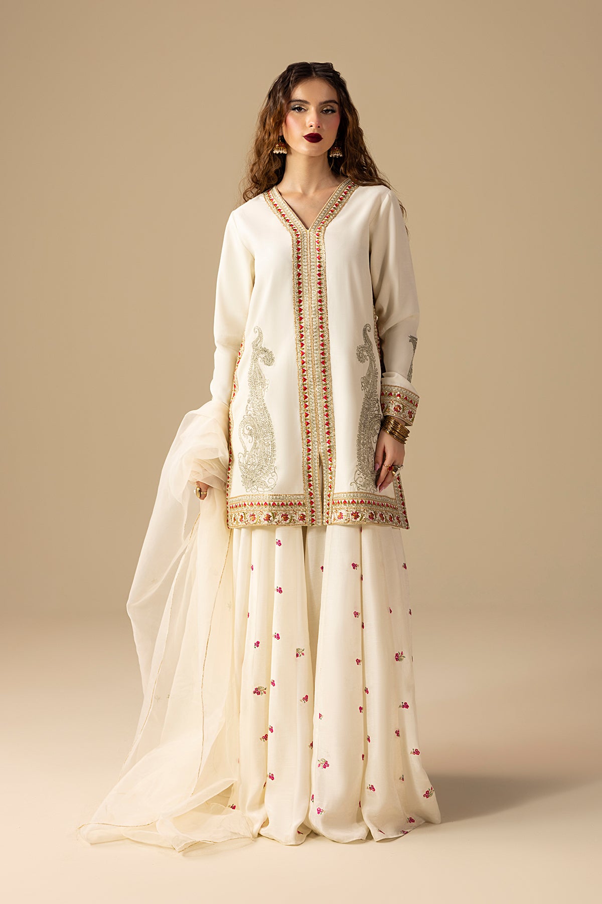 Pakistani Cream Embroidered Raw Silk Sharara Set (3-Piece) - Image 2