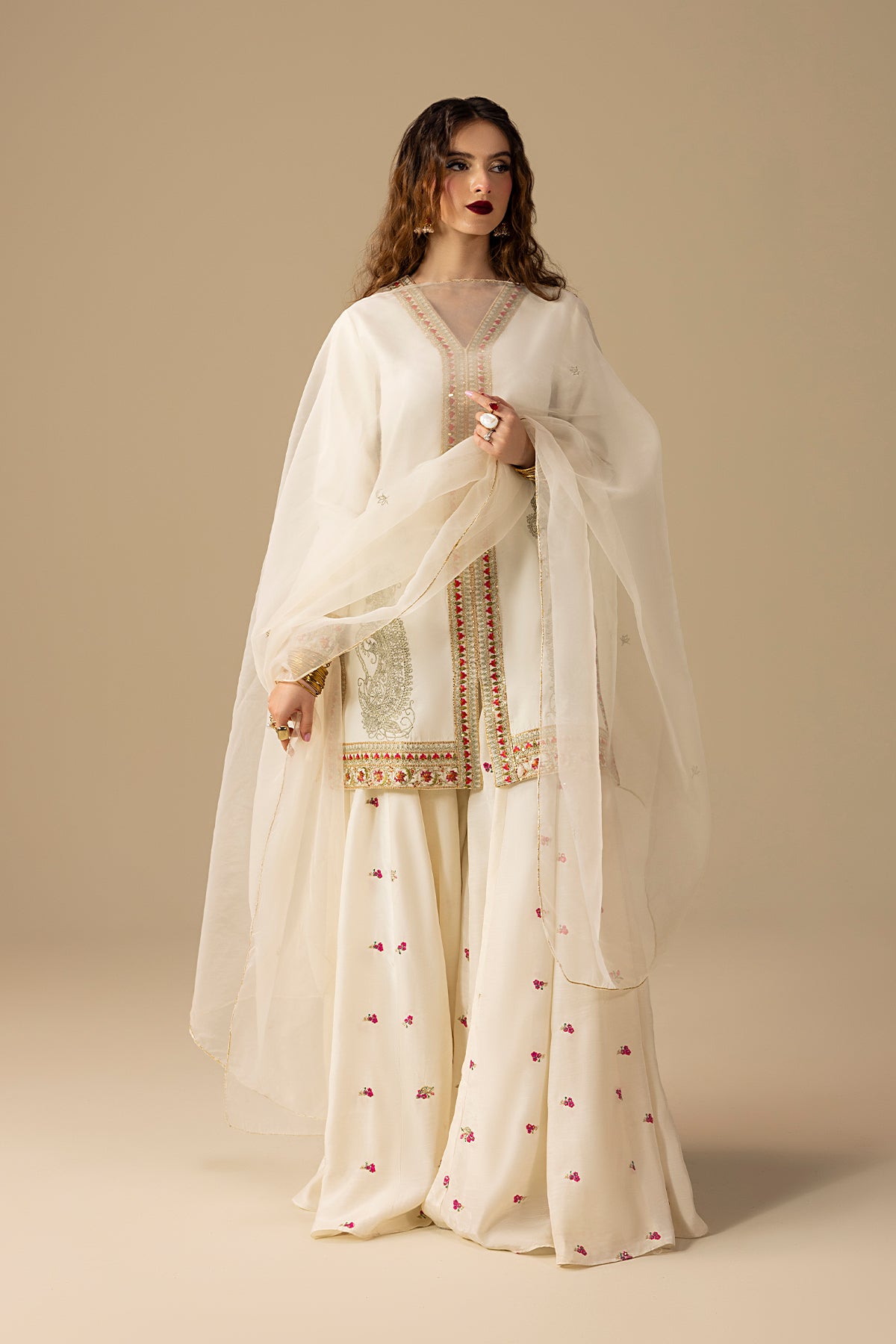 Pakistani Cream Embroidered Raw Silk Sharara Set (3-Piece) - Image 6