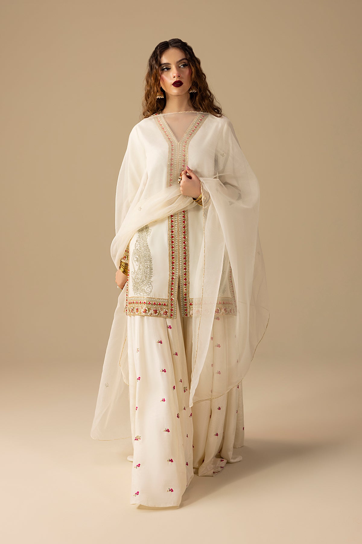 Pakistani Cream Embroidered Raw Silk Sharara Set (3-Piece) - Image 7