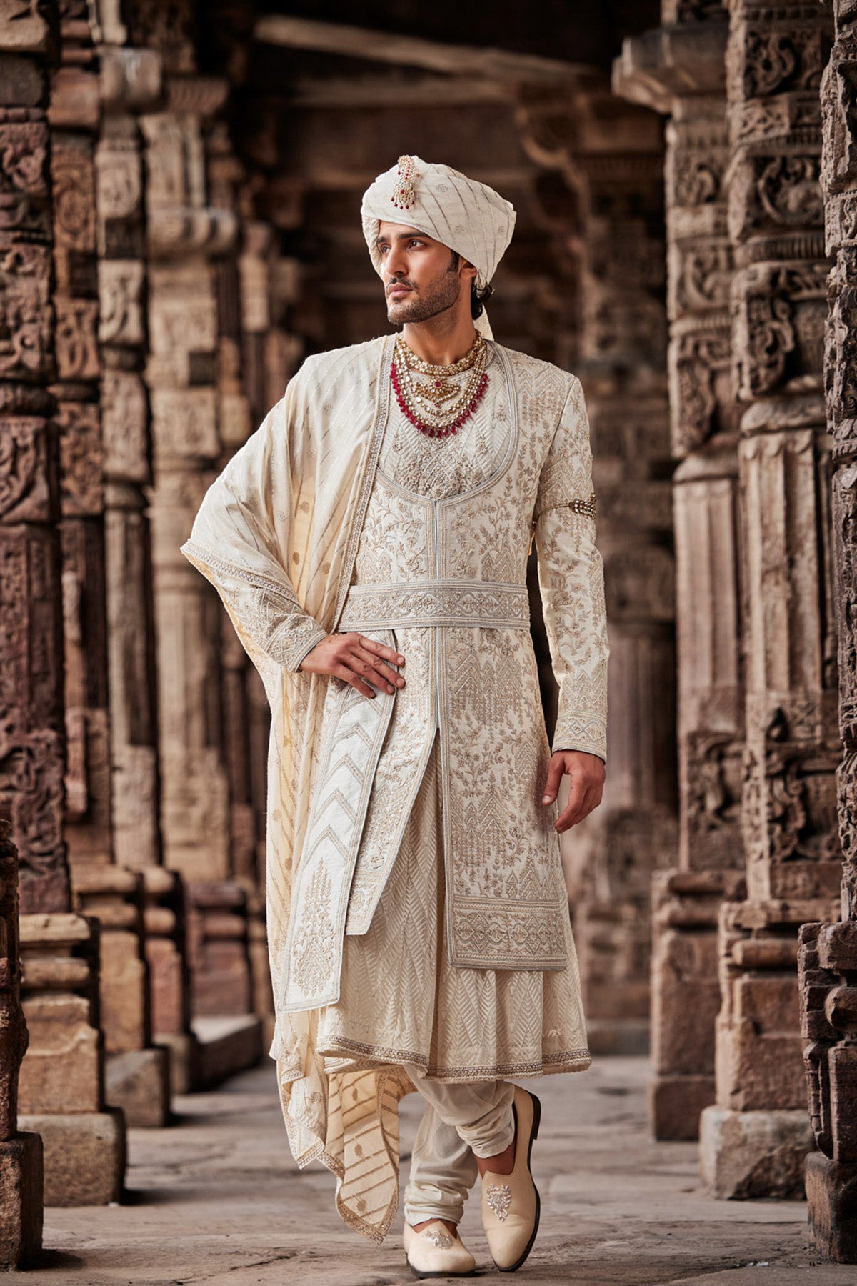 Cream Embroidered Anarkali Silk Sherwani (3-Piece) - Image 1