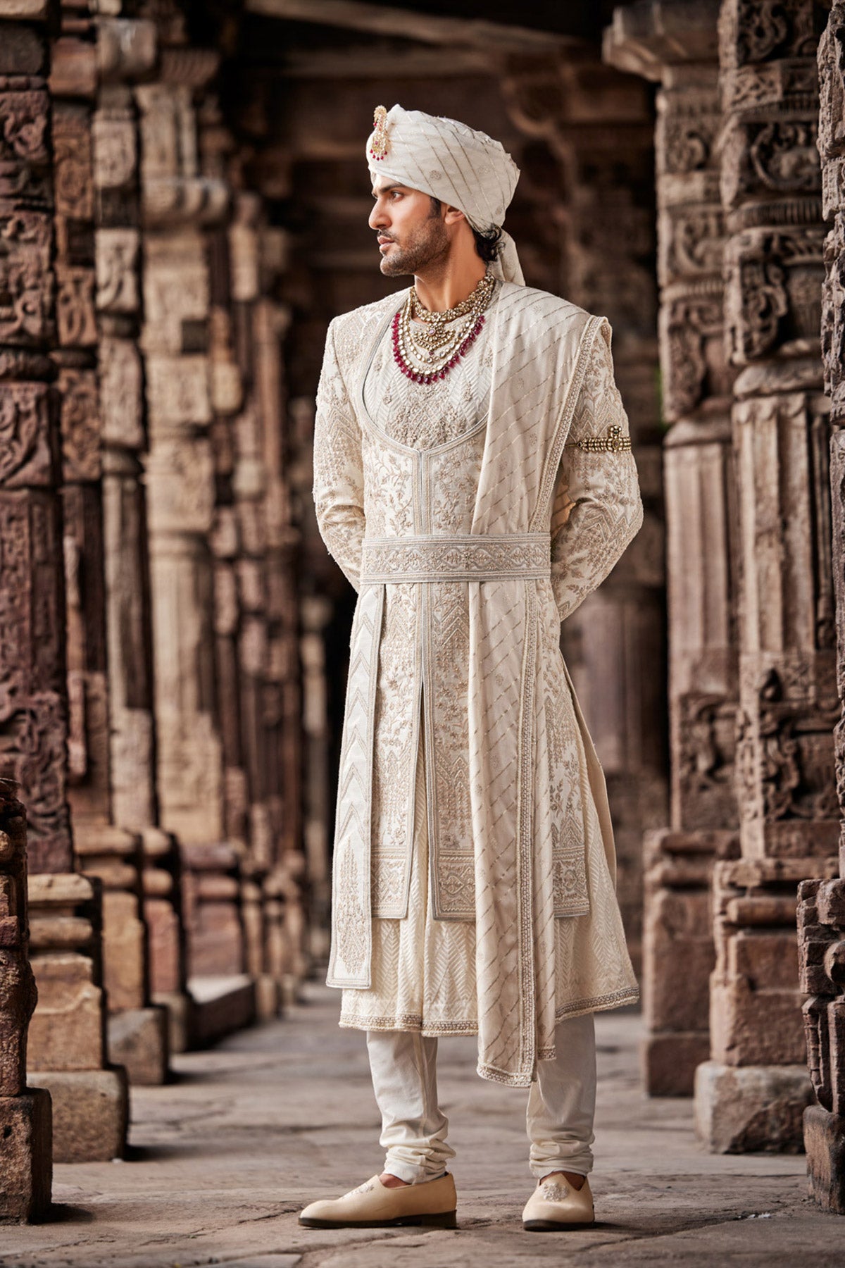 Cream Embroidered Anarkali Silk Sherwani (3-Piece) - Image 4