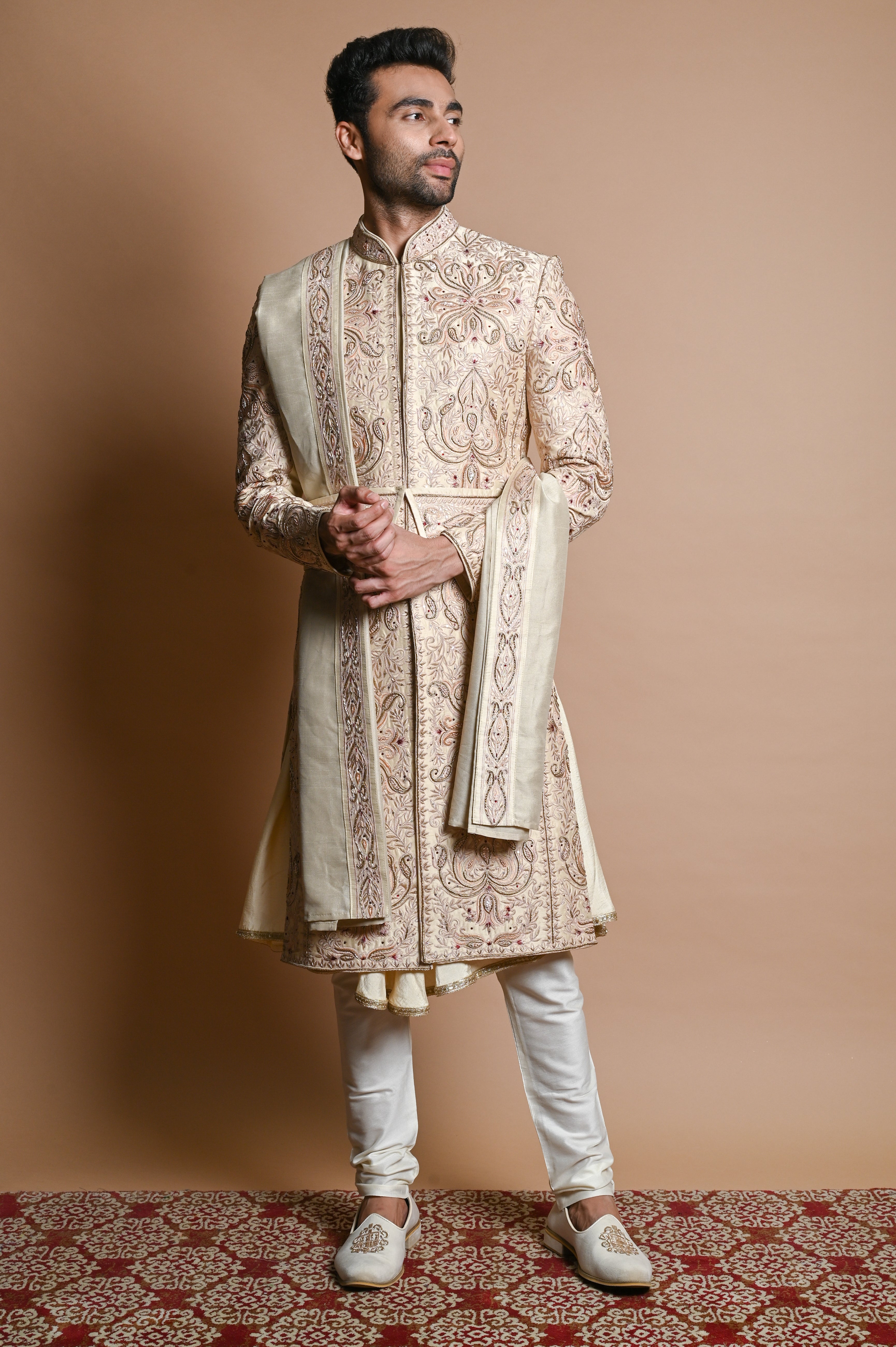 Cream Zardozi Resham Georgette Anarkali Sherwani (3-Piece) - Image 1