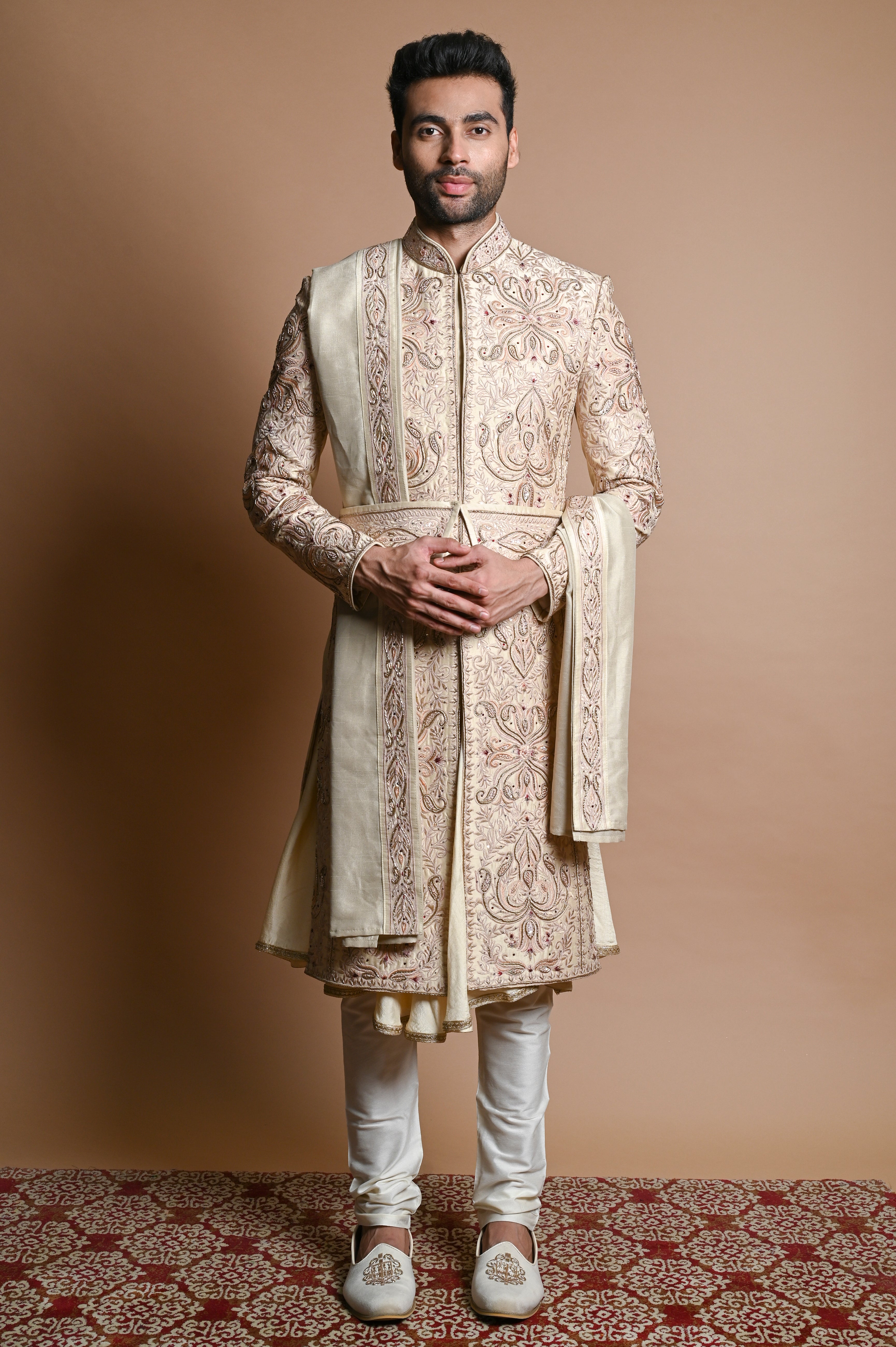 Cream Zardozi Resham Georgette Anarkali Sherwani (3-Piece) - Image 2