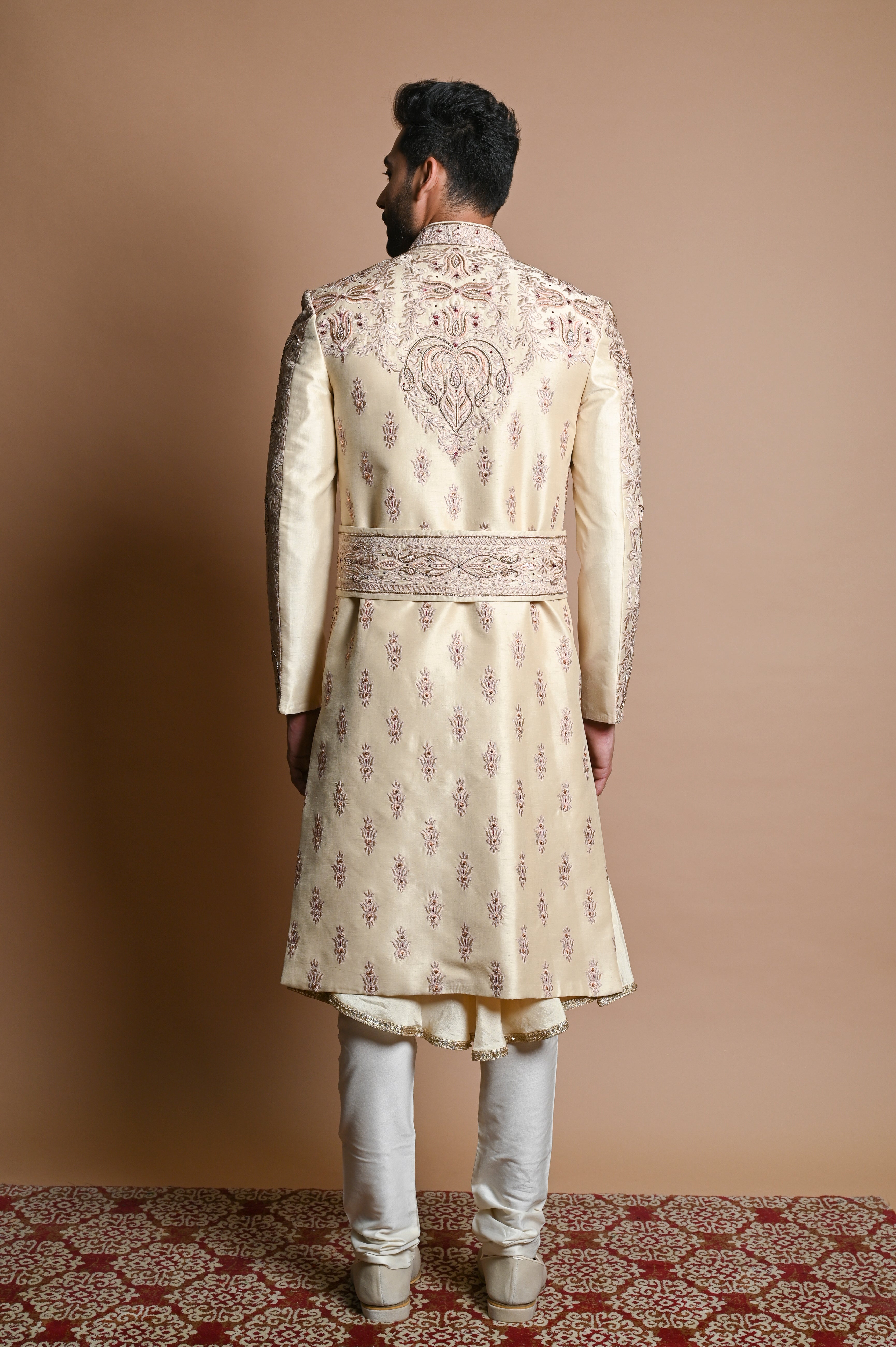 Cream Zardozi Resham Georgette Anarkali Sherwani (3-Piece) - Image 3