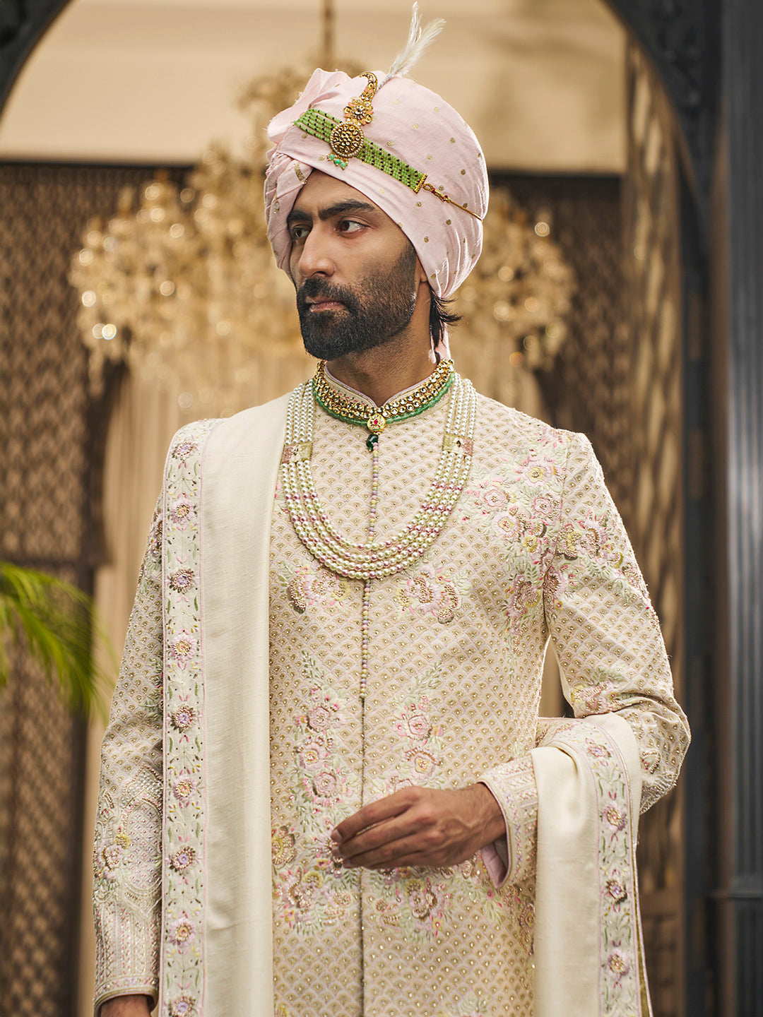 Cream Embroidered Khadi Silk Sherwani (3-Piece) - Image 2