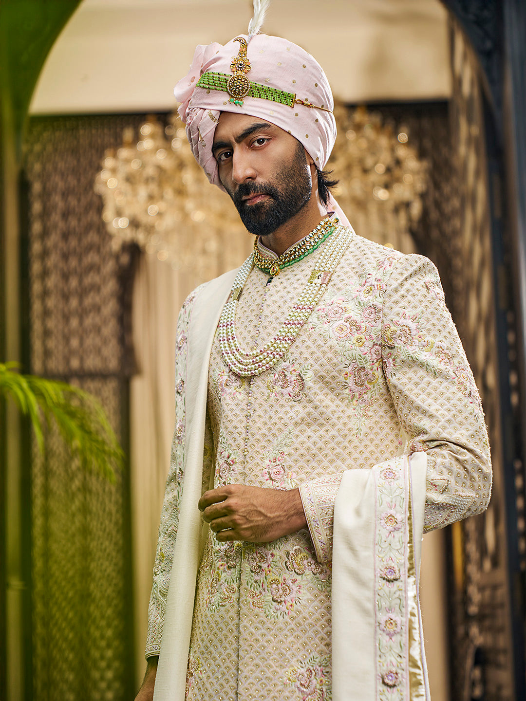 Cream Embroidered Khadi Silk Sherwani (3-Piece) - Image 3