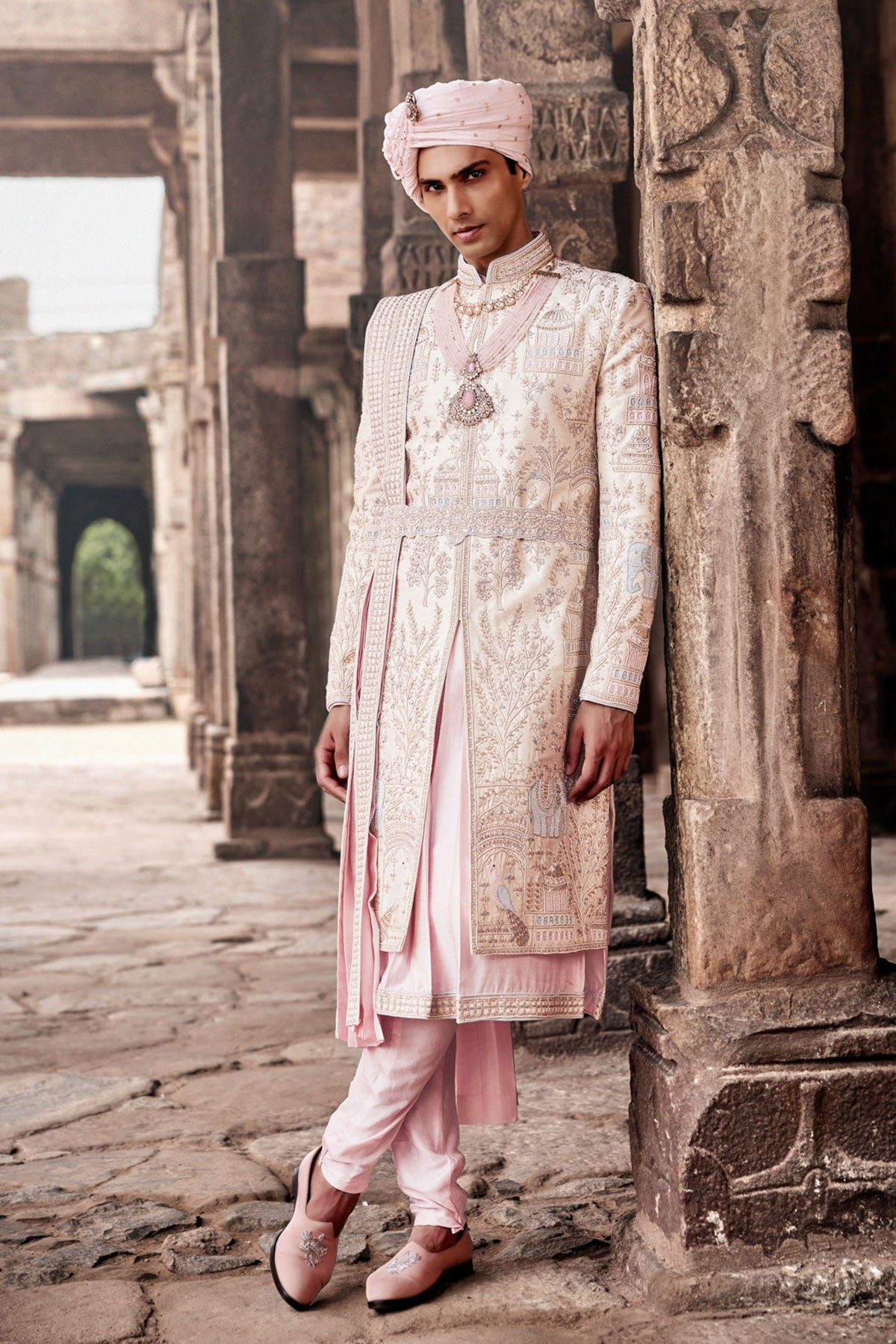 Cream Jharokha Embroidered Parbal Silk Sherwani (3-Piece) - Image 1