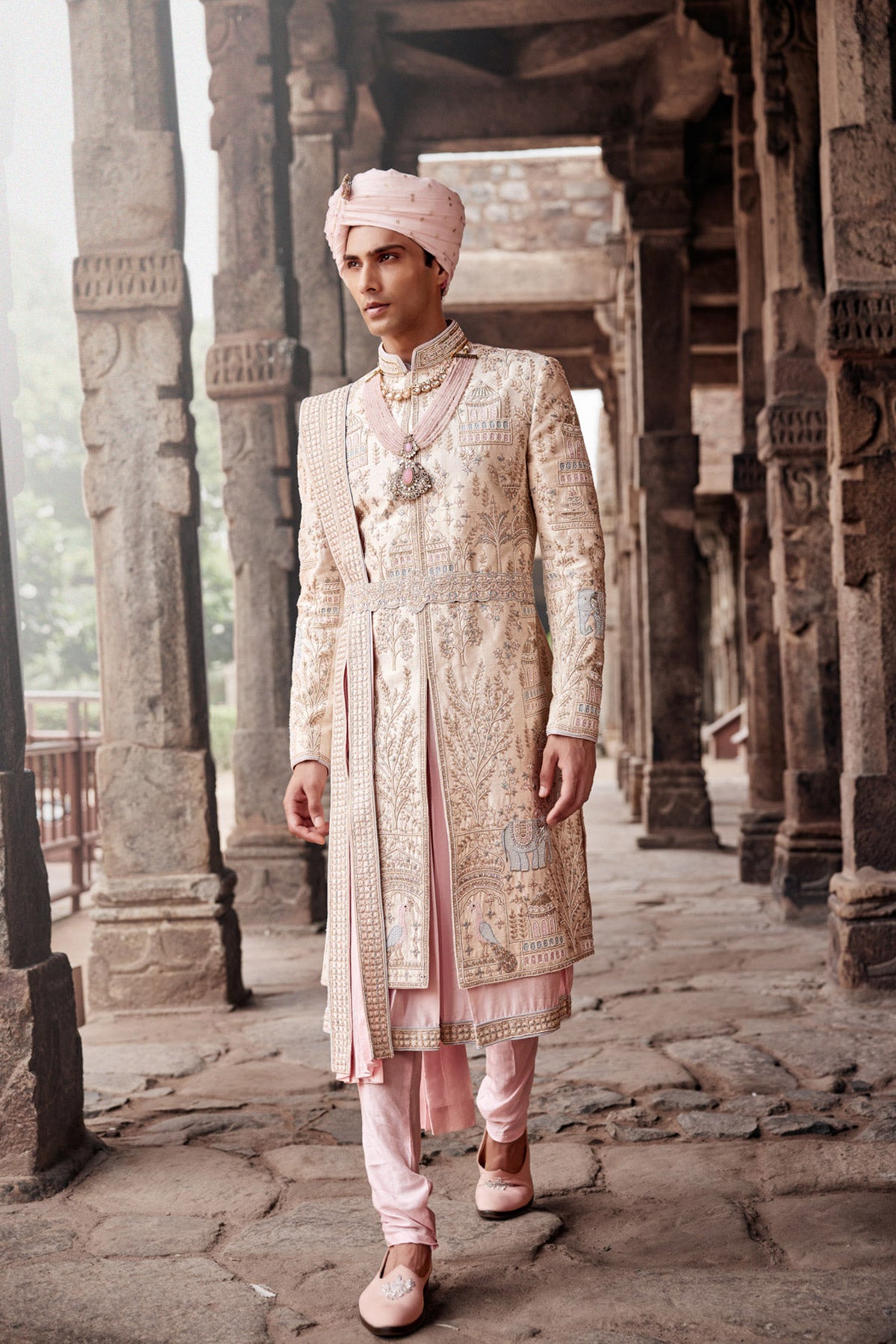 Cream Jharokha Embroidered Parbal Silk Sherwani (3-Piece) - Image 2