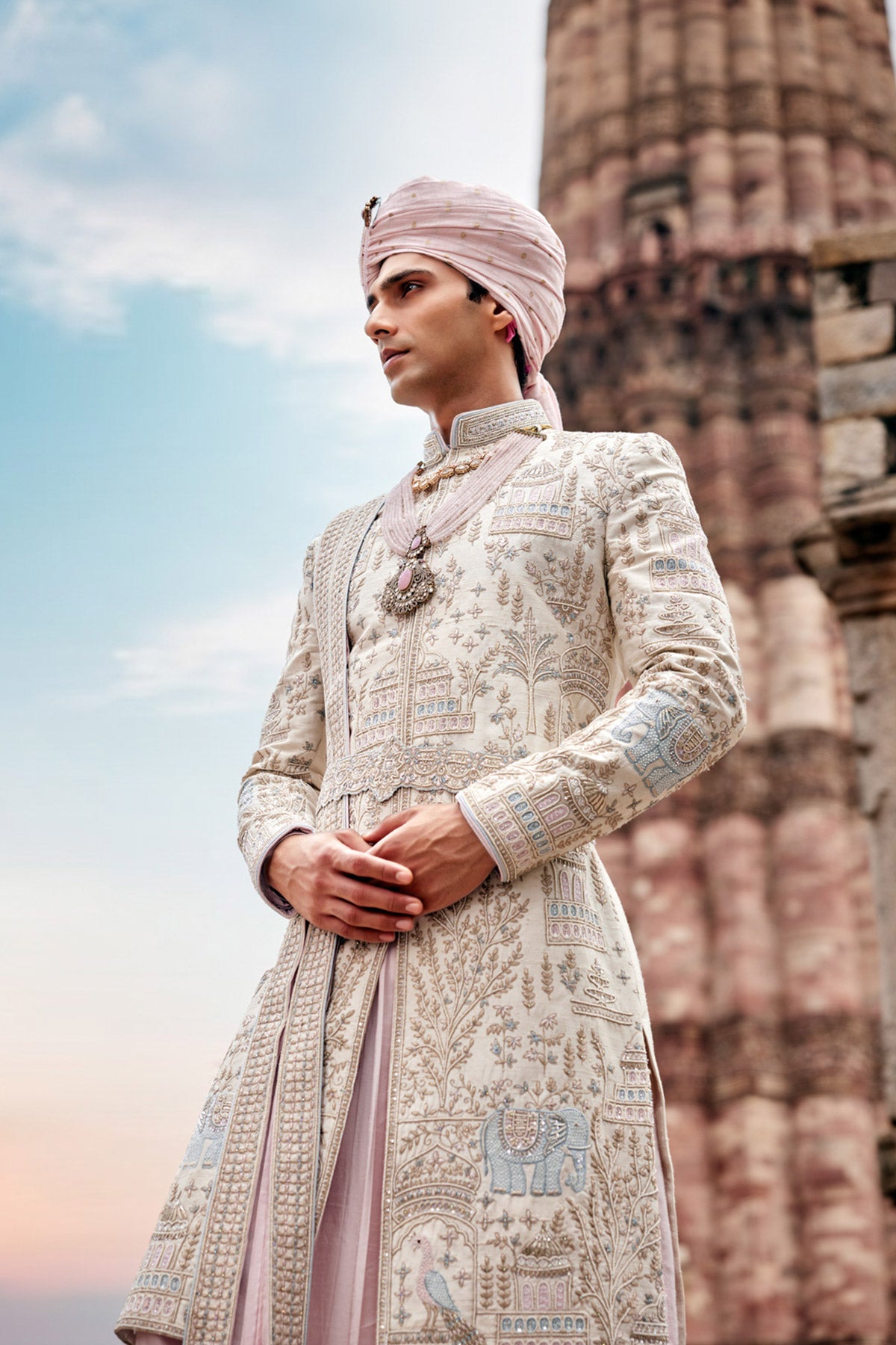 Cream Jharokha Embroidered Parbal Silk Sherwani (3-Piece) - Image 3