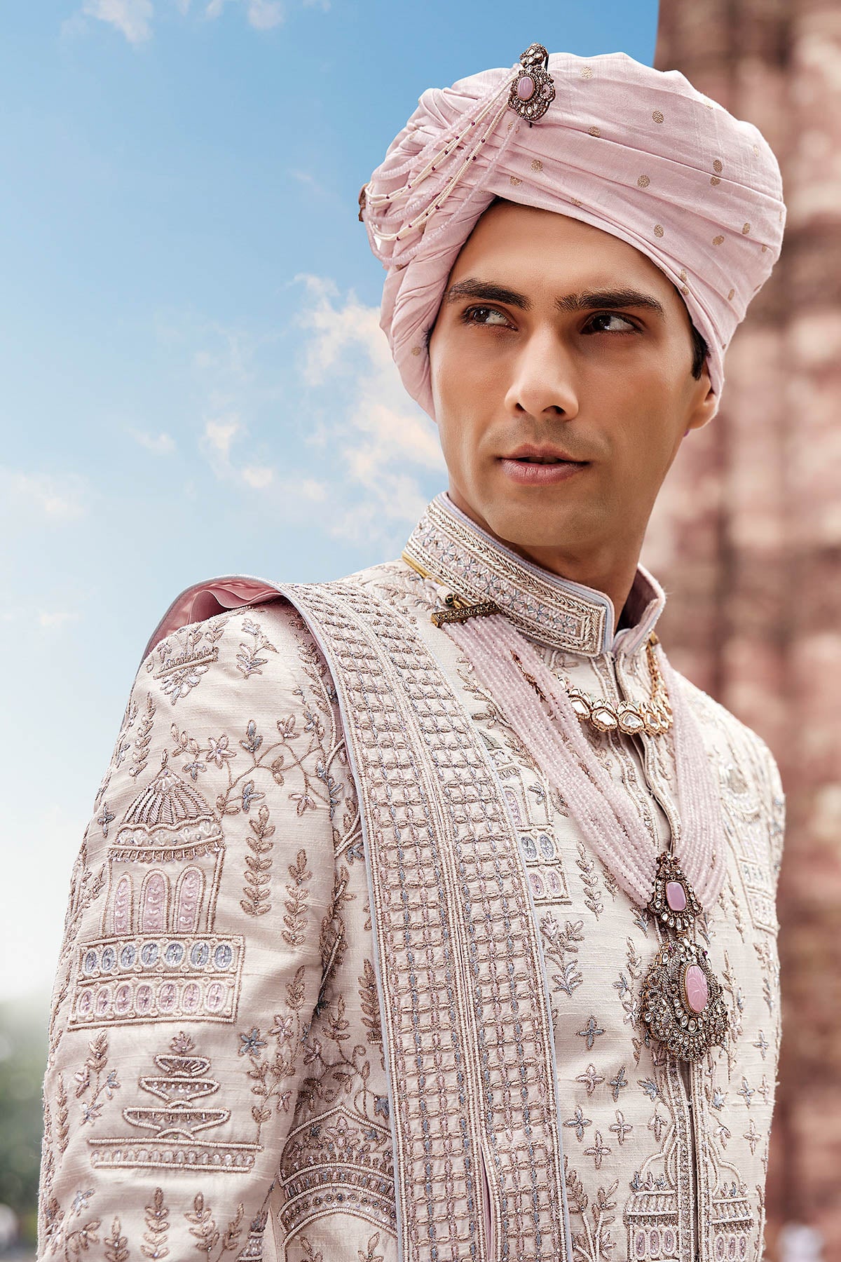 Cream Jharokha Embroidered Parbal Silk Sherwani (3-Piece) - Image 4
