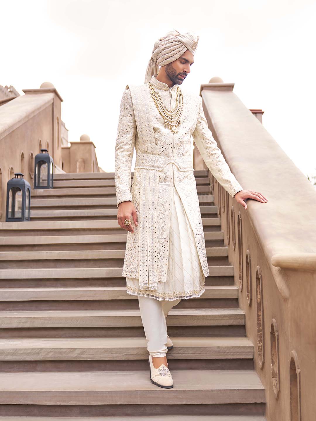 Frost Cream Embroidered Raw Silk Sherwani (5-Piece) - Image 1