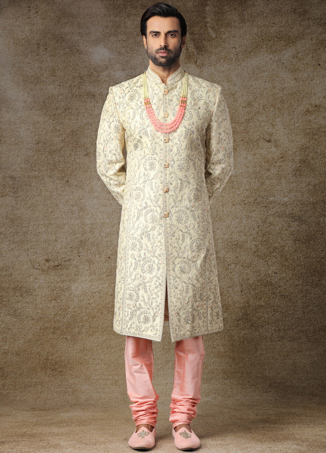 Crystal Cream Embroidered Raw Silk Sherwani (2-Piece) - Image 1