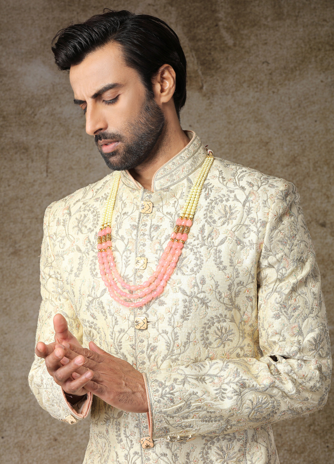 Crystal Cream Embroidered Raw Silk Sherwani (2-Piece) - Image 2