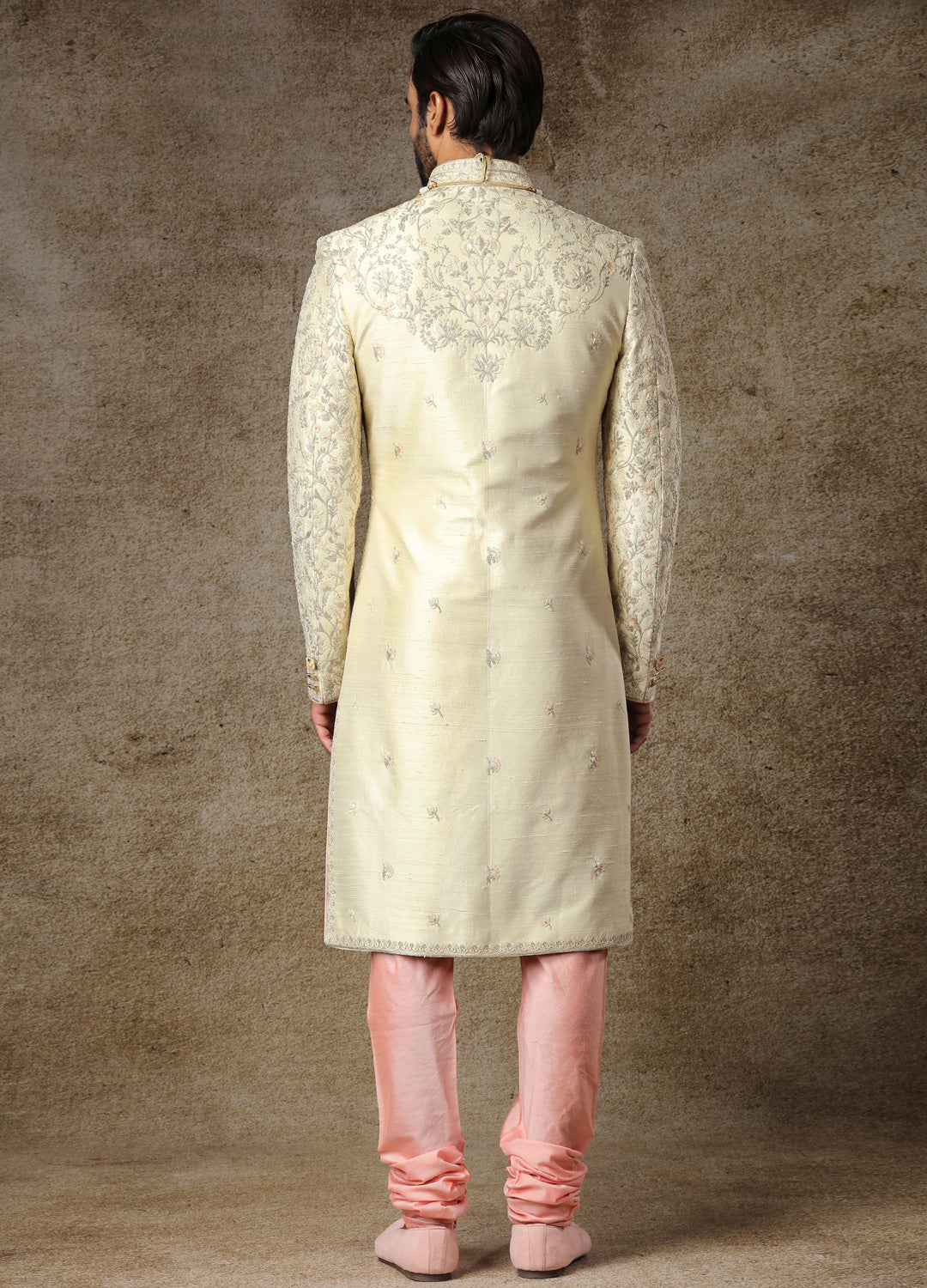 Crystal Cream Embroidered Raw Silk Sherwani (2-Piece) - Image 5
