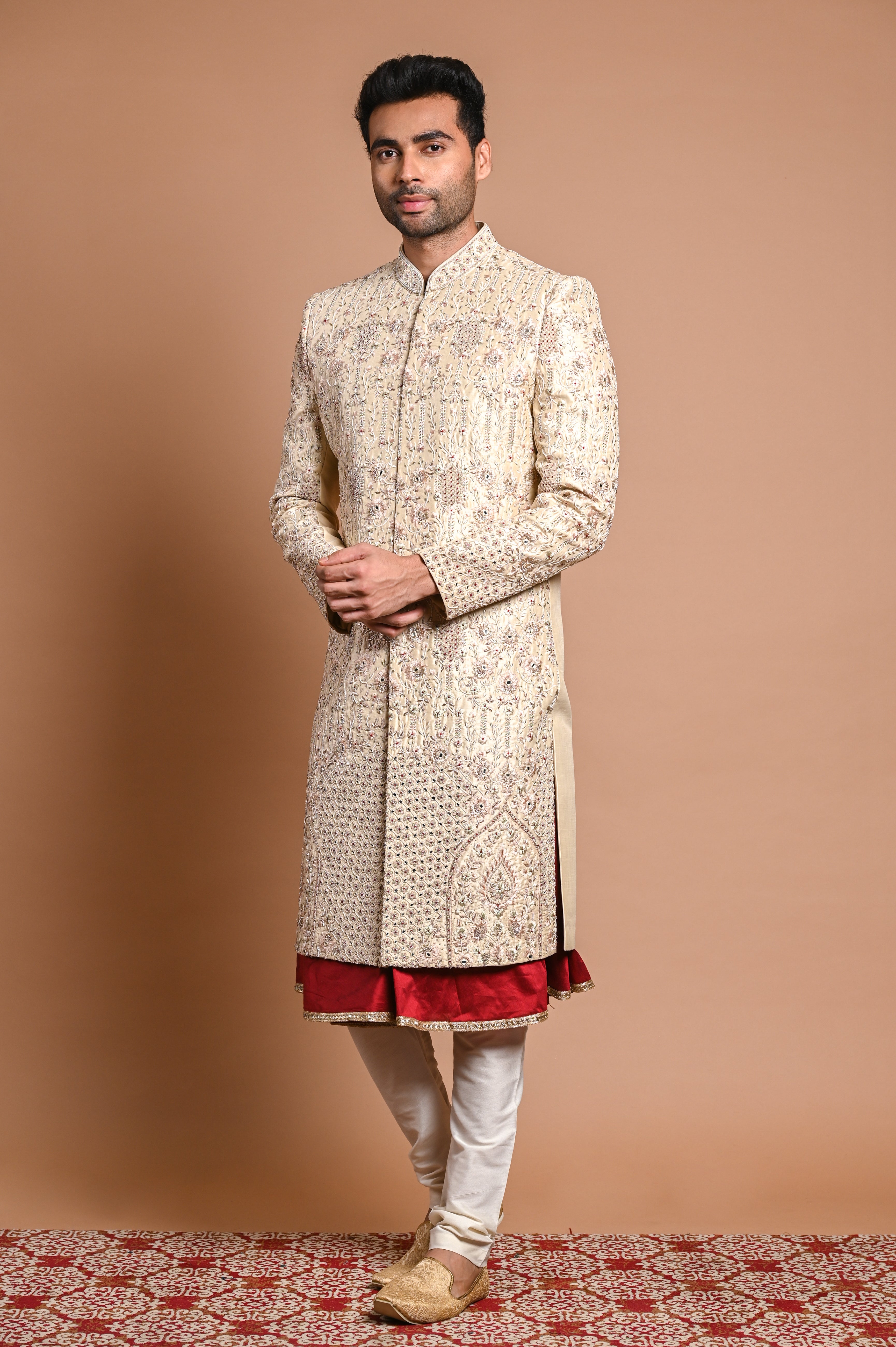 Cream Zardozi Pearl Raw Silk Sherwani (2-Piece) - Image 1