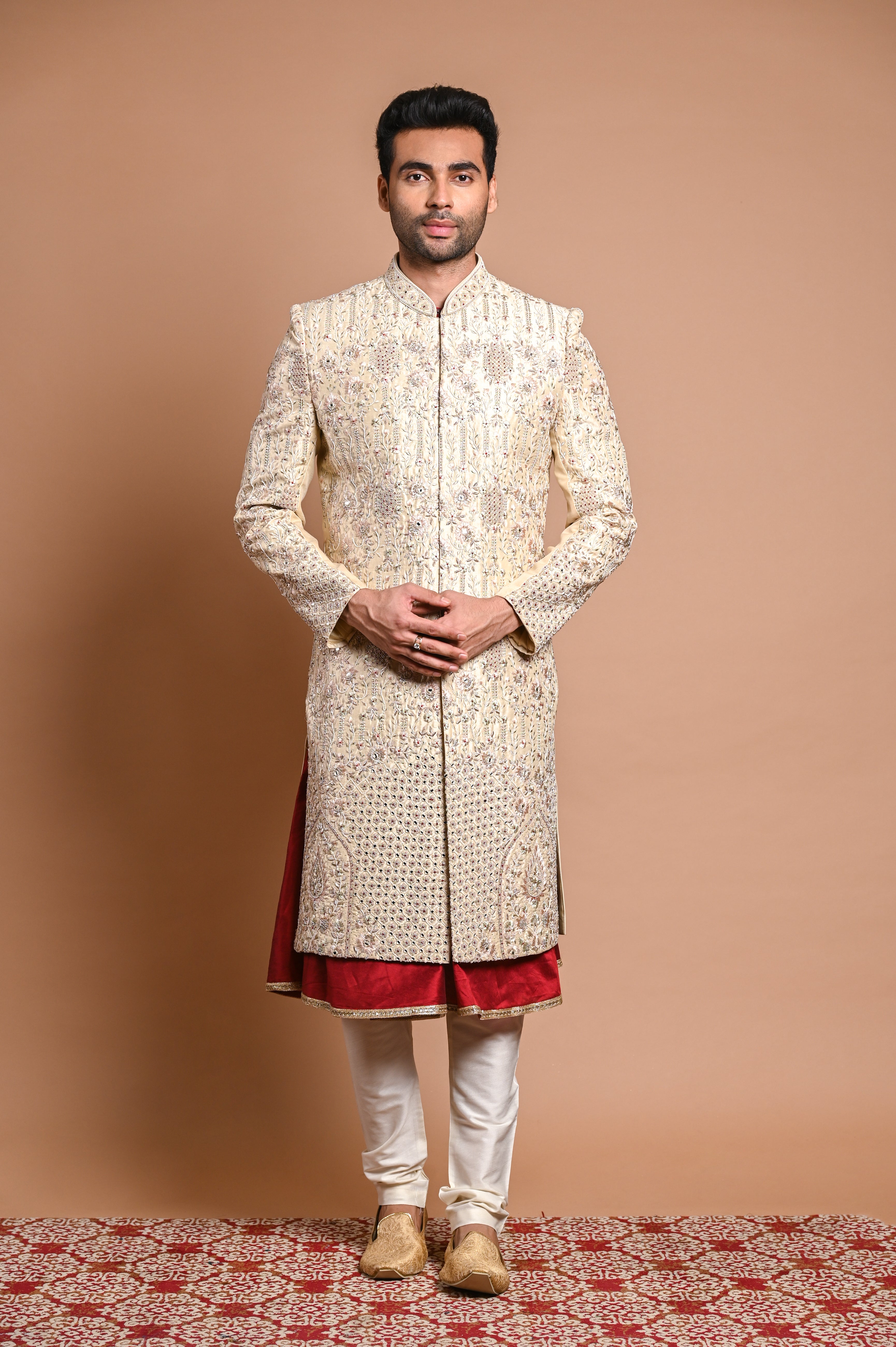 Cream Zardozi Pearl Raw Silk Sherwani (2-Piece) - Image 2