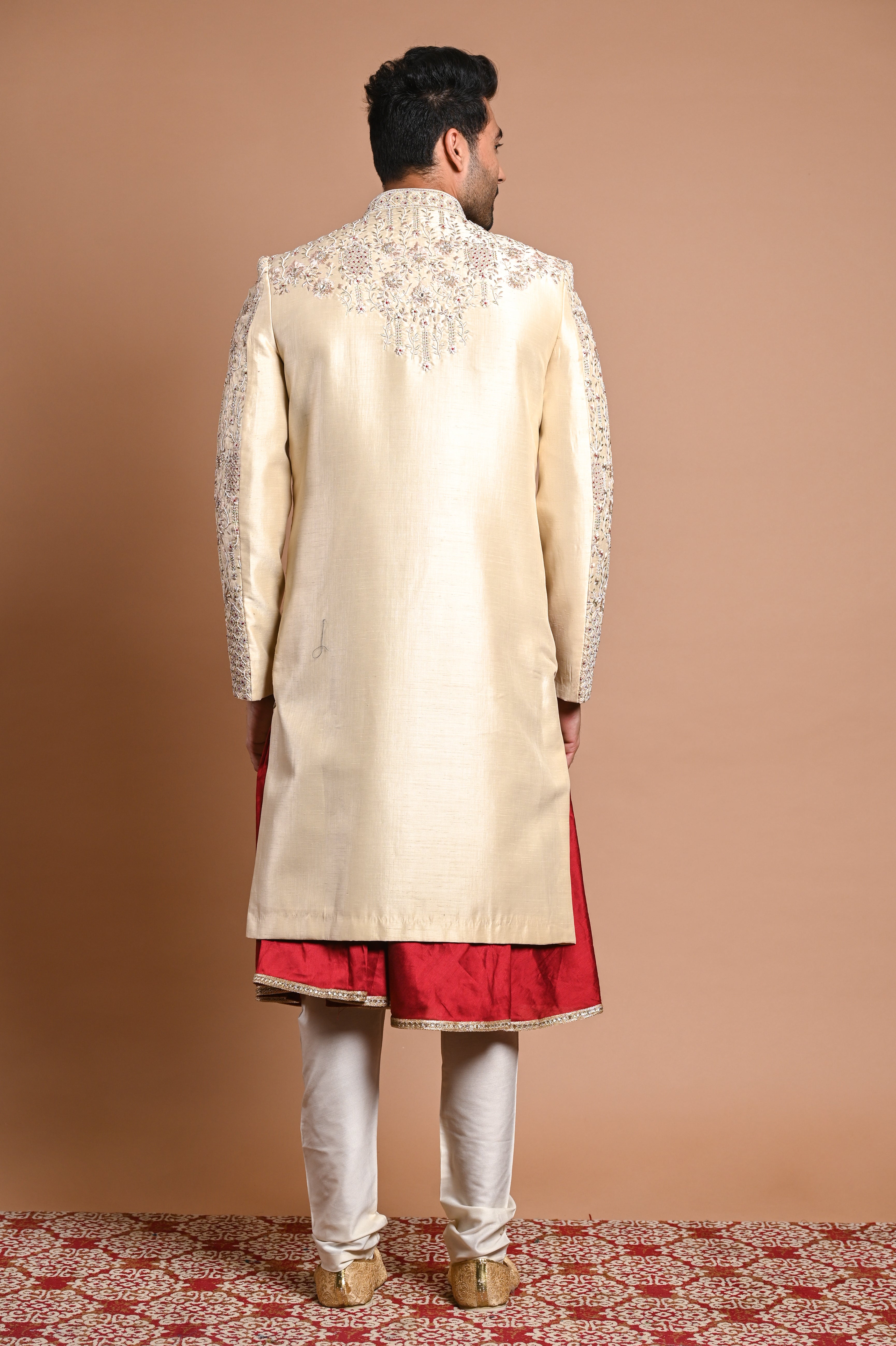 Cream Zardozi Pearl Raw Silk Sherwani (2-Piece) - Image 3