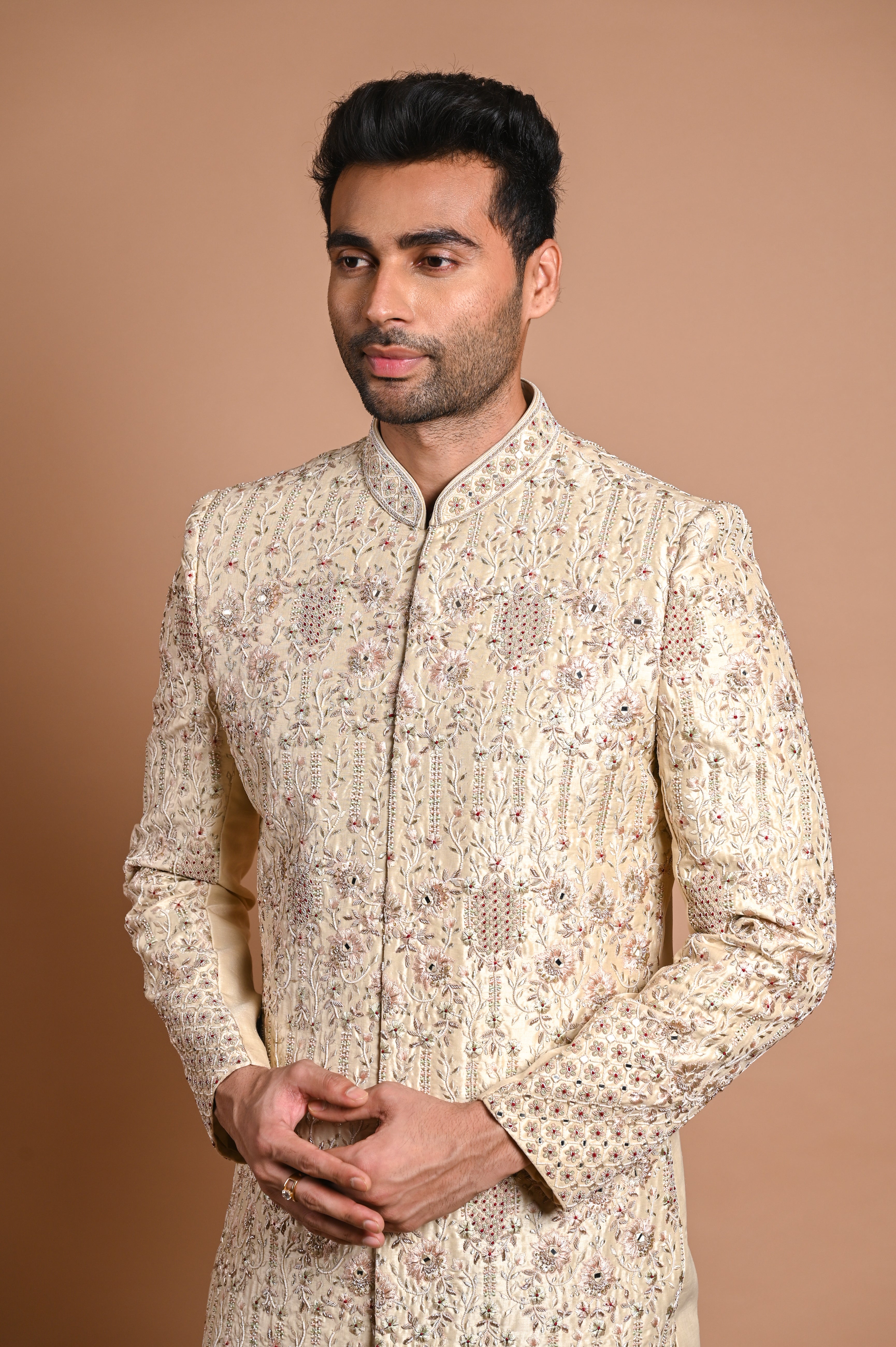 Cream Zardozi Pearl Raw Silk Sherwani (2-Piece) - Image 4