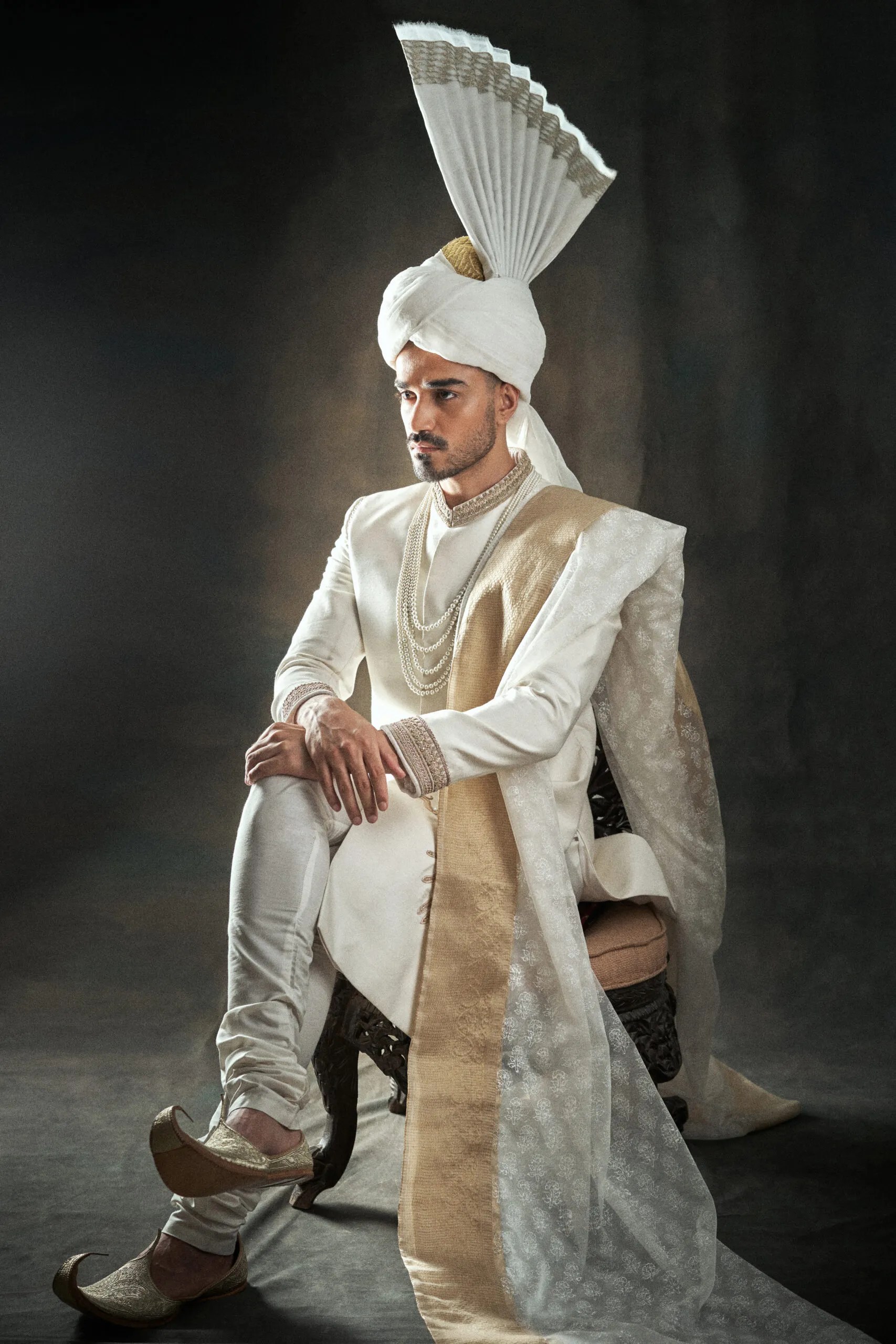 Macaroon Cream Embroidered Silk-Blend Sherwani (4-Piece) - Image 1