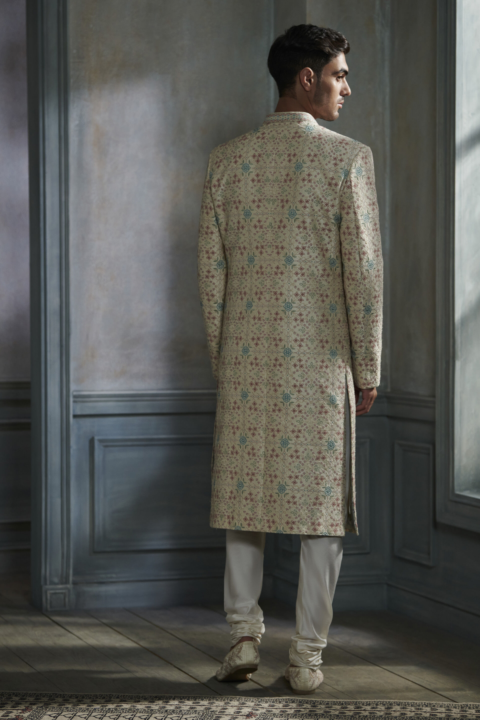 Cream Thread-Embroidered Silk Sherwani (2-Piece) - Image 2
