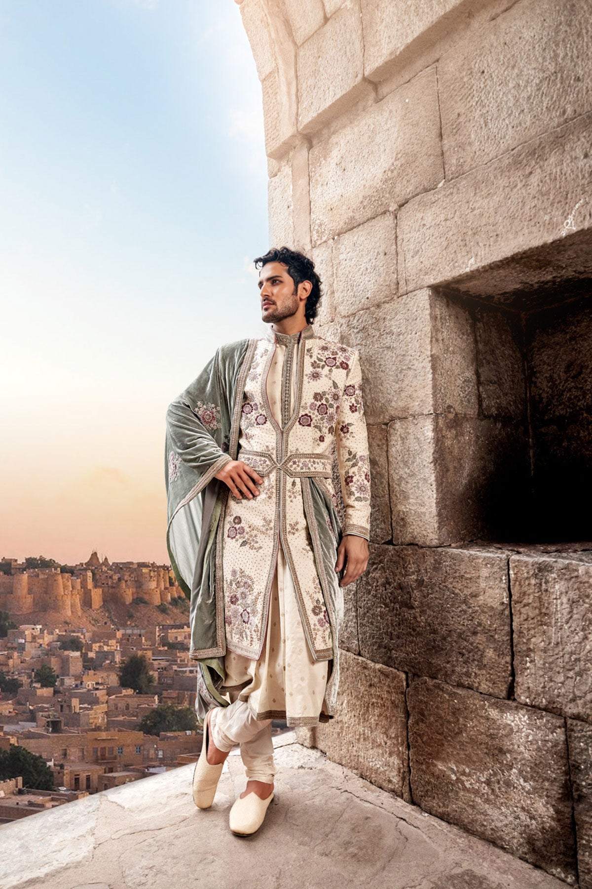 Cream Velvet Patchwork Embroidered Silk Sherwani (3-Piece) - Image 1