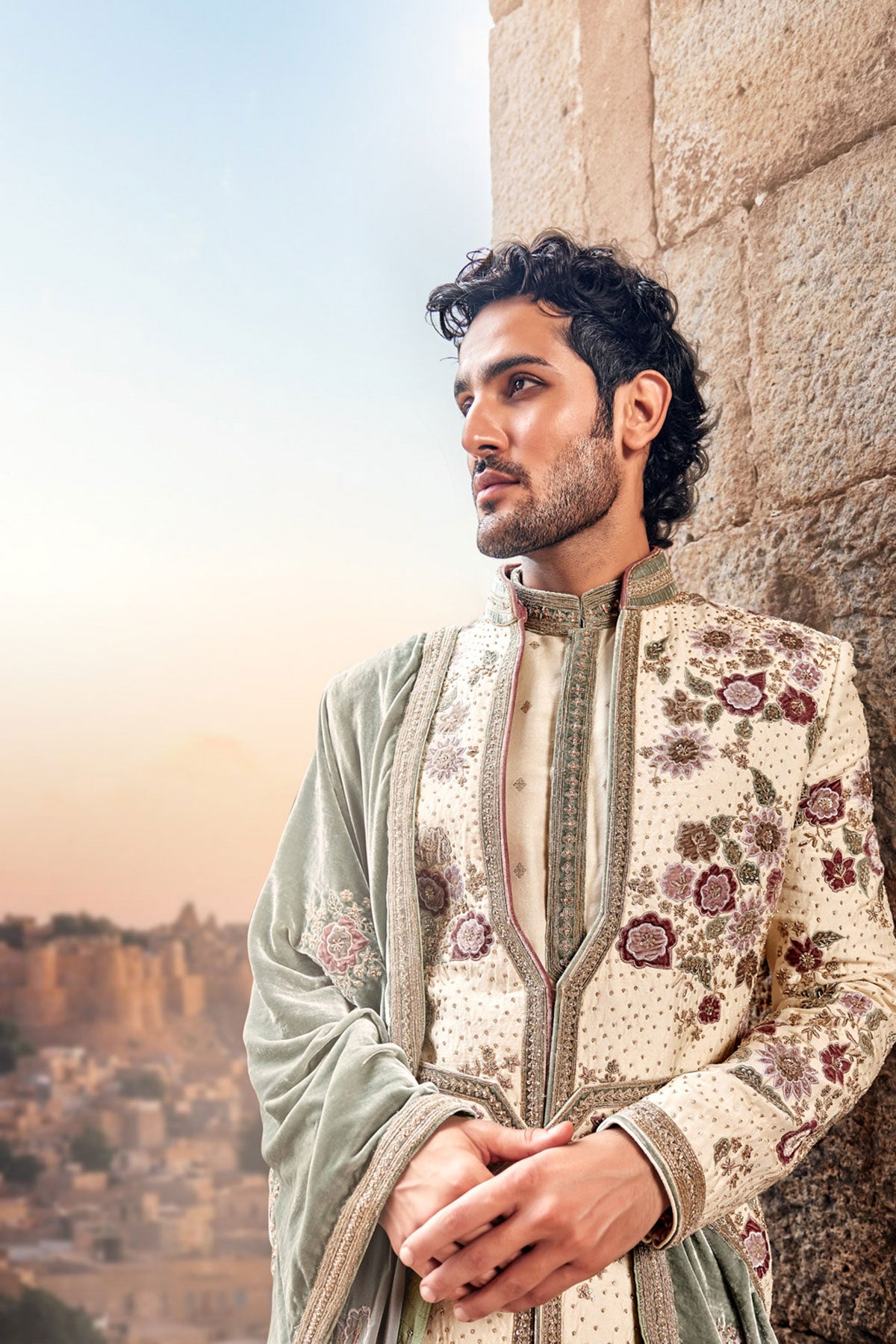 Cream Velvet Patchwork Embroidered Silk Sherwani (3-Piece) - Image 2