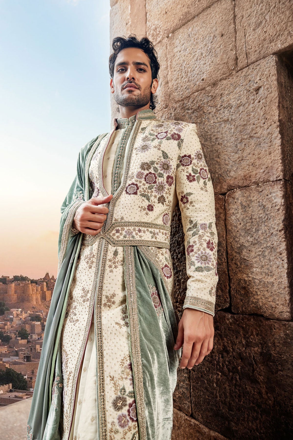 Cream Velvet Patchwork Embroidered Silk Sherwani (3-Piece) - Image 3