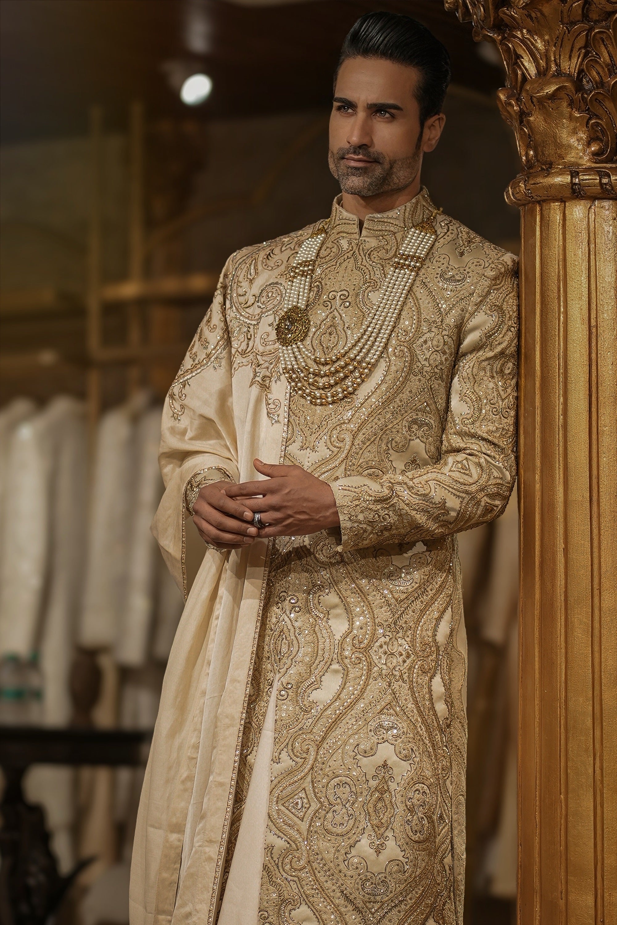 Cream Embroidered Silk Sherwani (3-Piece) - Image 1