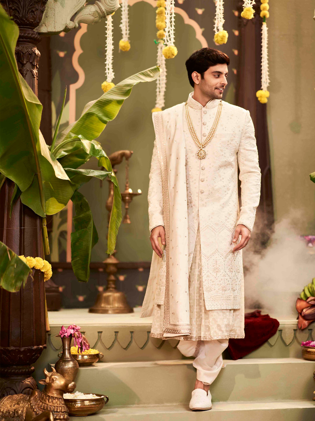 Cream Self-Thread Embroidered Silk Sherwani (4-Piece) - Image 1