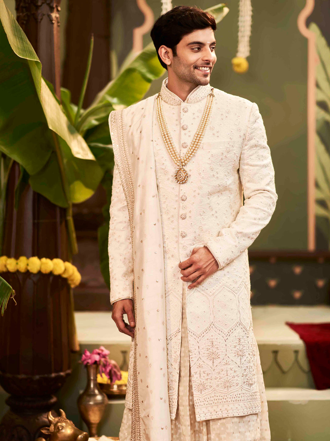 Cream Self-Thread Embroidered Silk Sherwani (4-Piece) - Image 2