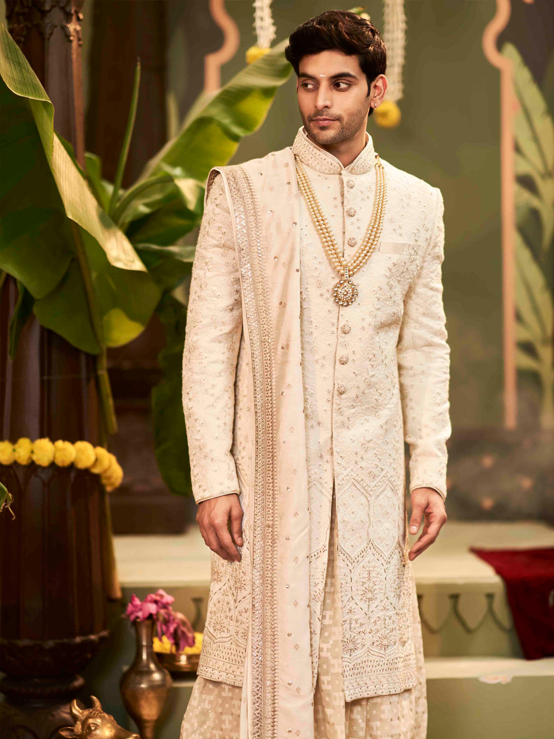 Cream Self-Thread Embroidered Silk Sherwani (4-Piece) - Image 3