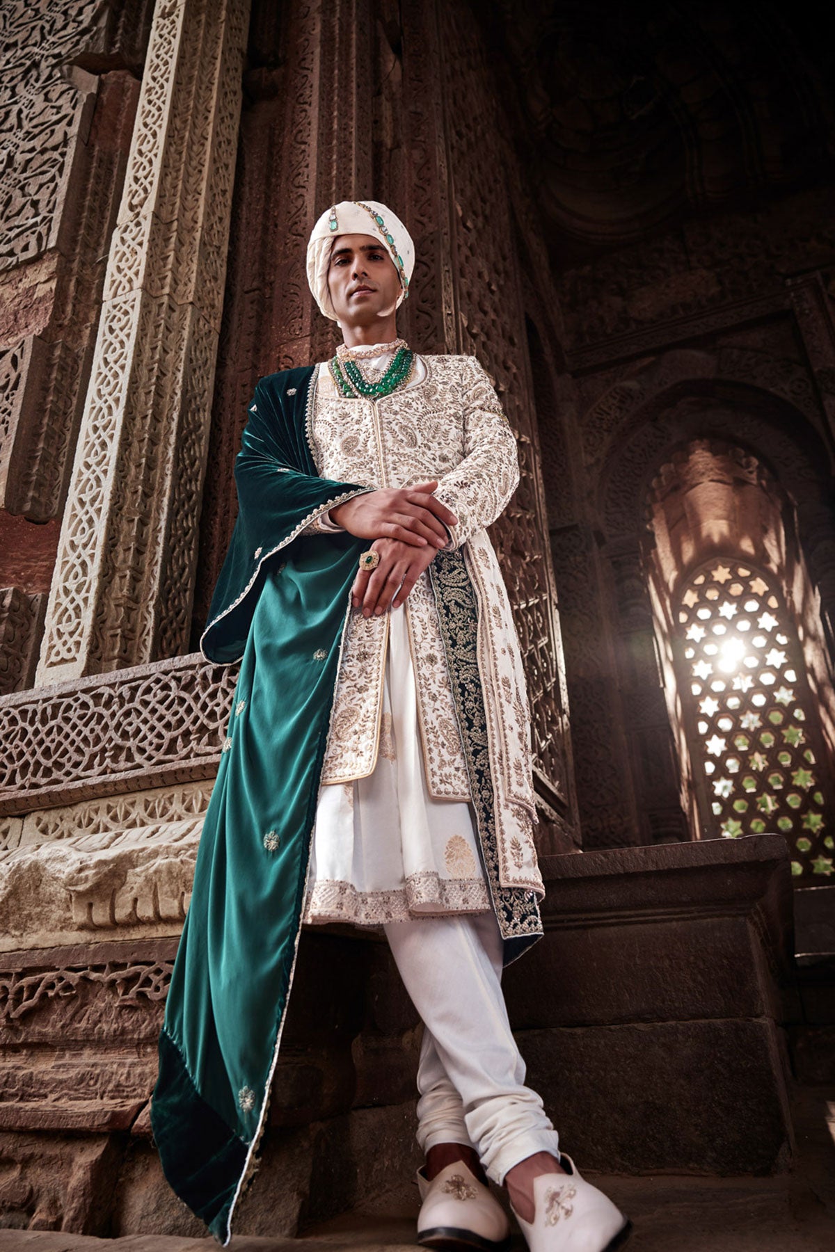 Cream Zari Embroidered Silk & Velvet Sherwani (3-Piece) - Image 1