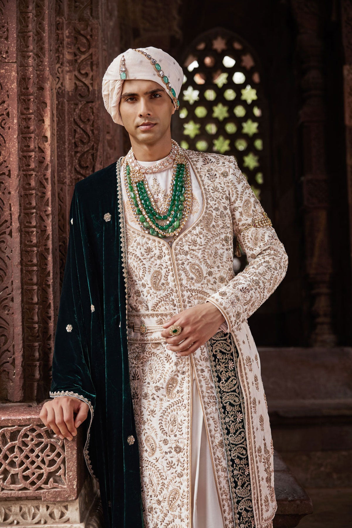Cream Zari Embroidered Silk & Velvet Sherwani (3-Piece) - Image 2